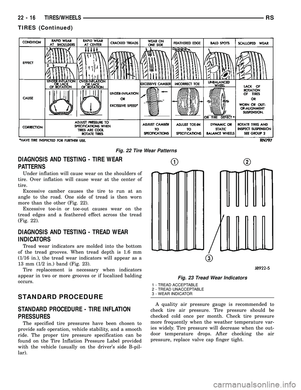 CHRYSLER VOYAGER 2005 User Guide DIAGNOSIS AND TESTING - TIRE WEAR
PATTERNS
Under inflation will cause wear on the shoulders of
tire. Over inflation will cause wear at the center of
tire.
Excessive camber causes the tire to run at an CHRYSLER VOYAGER 2005 User Guide DIAGNOSIS AND TESTING - TIRE WEAR
PATTERNS
Under inflation will cause wear on the shoulders of
tire. Over inflation will cause wear at the center of
tire.
Excessive camber causes the tire to run at an