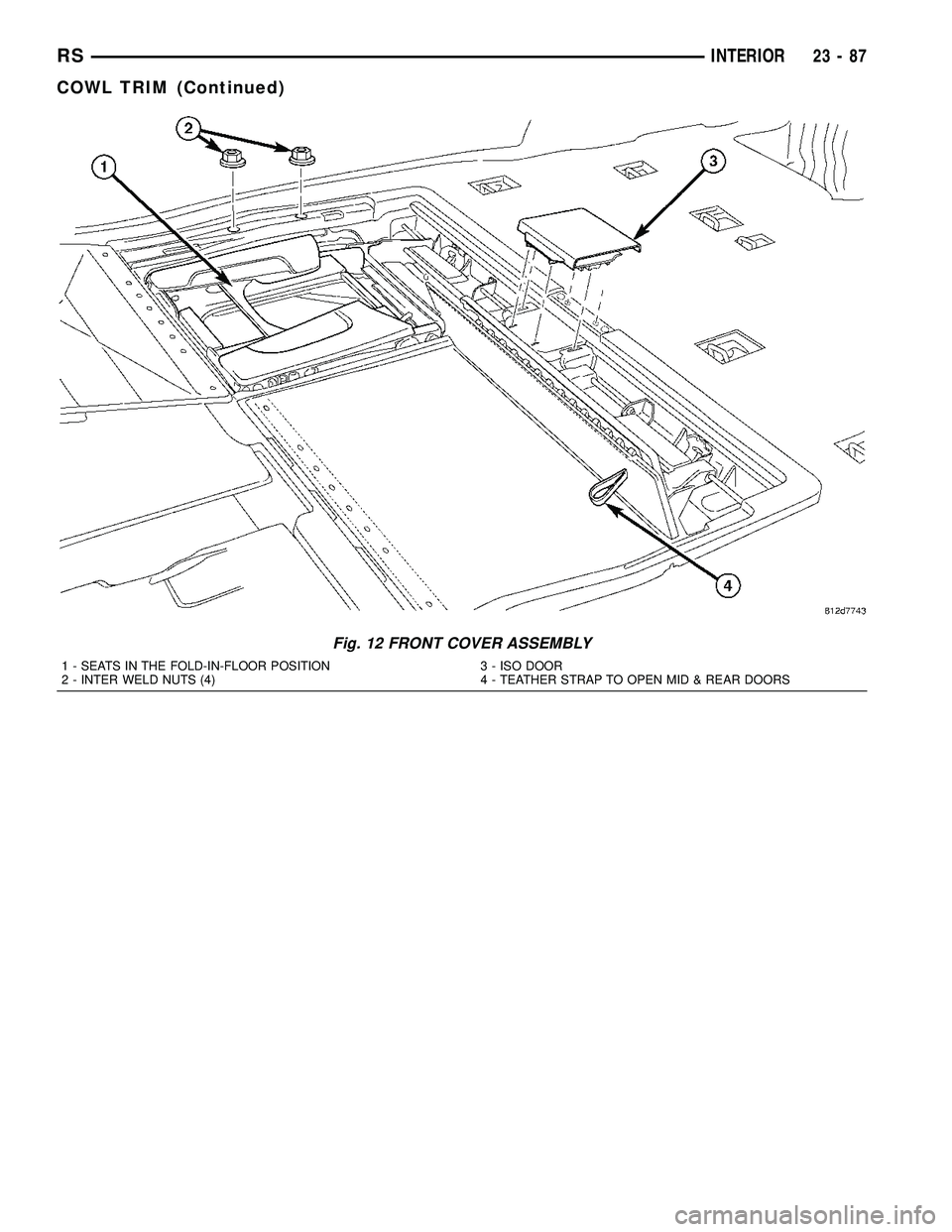 CHRYSLER VOYAGER 2005  Service Manual Fig. 12 FRONT COVER ASSEMBLY
1 - SEATS IN THE FOLD-IN-FLOOR POSITION
2 - INTER WELD NUTS (4)3 - ISO DOOR
4 - TEATHER STRAP TO OPEN MID & REAR DOORS
RSINTERIOR23-87
COWL TRIM (Continued) 