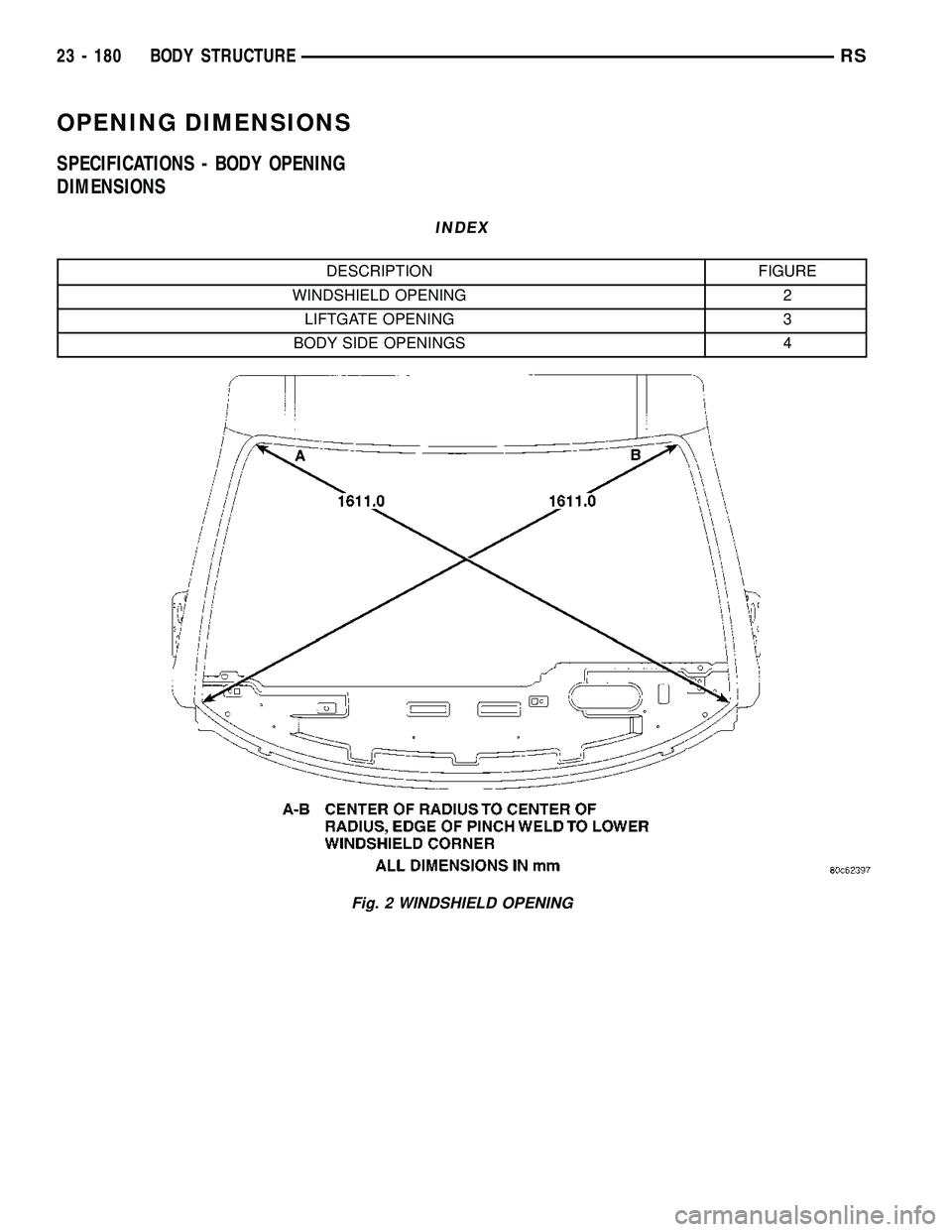 CHRYSLER VOYAGER 2005  Service Manual OPENING DIMENSIONS
SPECIFICATIONS - BODY OPENING
DIMENSIONS
INDEX
DESCRIPTION FIGURE
WINDSHIELD OPENING 2
LIFTGATE OPENING 3
BODY SIDE OPENINGS 4
Fig. 2 WINDSHIELD OPENING
23 - 180 BODY STRUCTURERS 