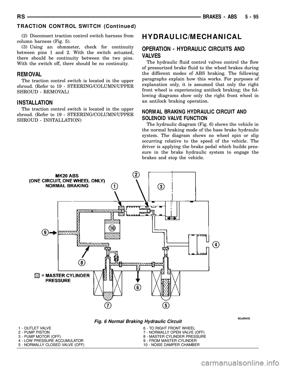 CHRYSLER VOYAGER 2005 Service Manual (2) Disconnect traction control switch harness from
column harness (Fig. 5).
(3) Using an ohmmeter, check for continuity
between pins 1 and 2. With the switch actuated,
there should be continuity betw CHRYSLER VOYAGER 2005 Service Manual (2) Disconnect traction control switch harness from
column harness (Fig. 5).
(3) Using an ohmmeter, check for continuity
between pins 1 and 2. With the switch actuated,
there should be continuity betw