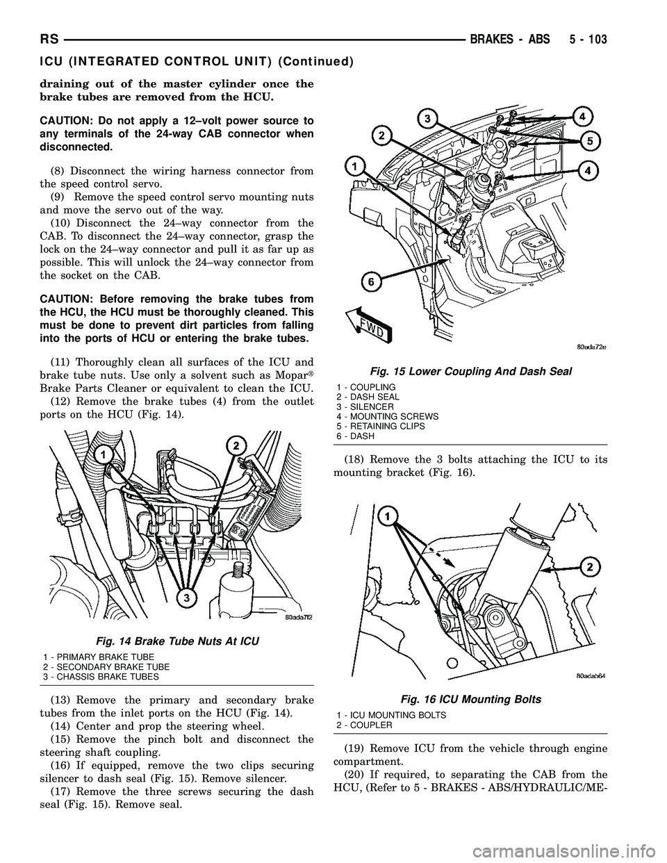 CHRYSLER VOYAGER 2005 Repair Manual draining out of the master cylinder once the
brake tubes are removed from the HCU.
CAUTION: Do not apply a 12±volt power source to
any terminals of the 24-way CAB connector when
disconnected.
(8) Dis