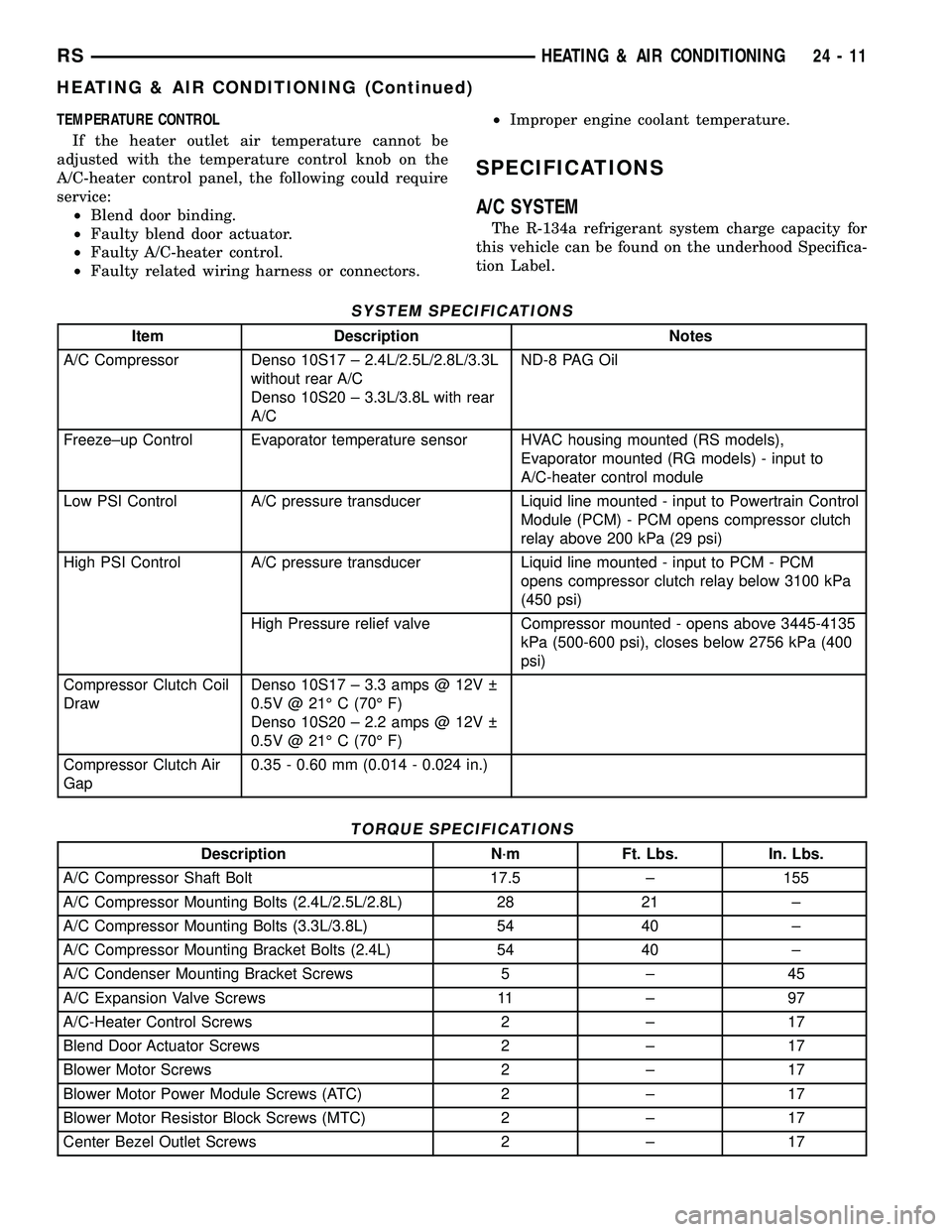 CHRYSLER VOYAGER 2005  Service Manual TEMPERATURE CONTROL
If the heater outlet air temperature cannot be
adjusted with the temperature control knob on the
A/C-heater control panel, the following could require
service:
²Blend door binding