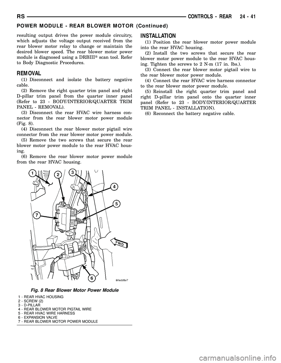CHRYSLER VOYAGER 2005 Service Manual resulting output drives the power module circuitry,
which adjusts the voltage output received from the
rear blower motor relay to change or maintain the
desired blower speed. The rear blower motor pow CHRYSLER VOYAGER 2005 Service Manual resulting output drives the power module circuitry,
which adjusts the voltage output received from the
rear blower motor relay to change or maintain the
desired blower speed. The rear blower motor pow