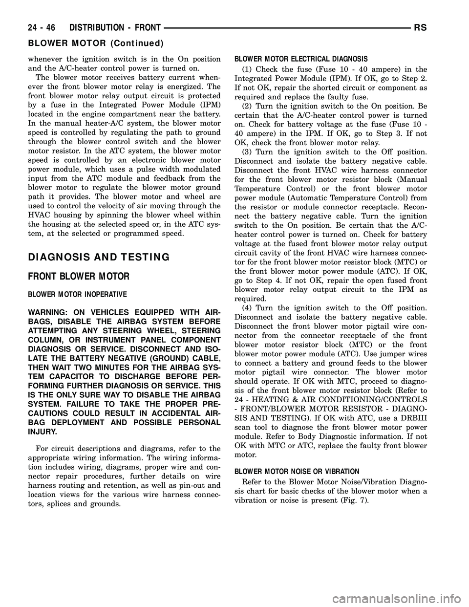 CHRYSLER VOYAGER 2005 Service Manual whenever the ignition switch is in the On position
and the A/C-heater control power is turned on.
The blower motor receives battery current when-
ever the front blower motor relay is energized. The
fr CHRYSLER VOYAGER 2005 Service Manual whenever the ignition switch is in the On position
and the A/C-heater control power is turned on.
The blower motor receives battery current when-
ever the front blower motor relay is energized. The
fr