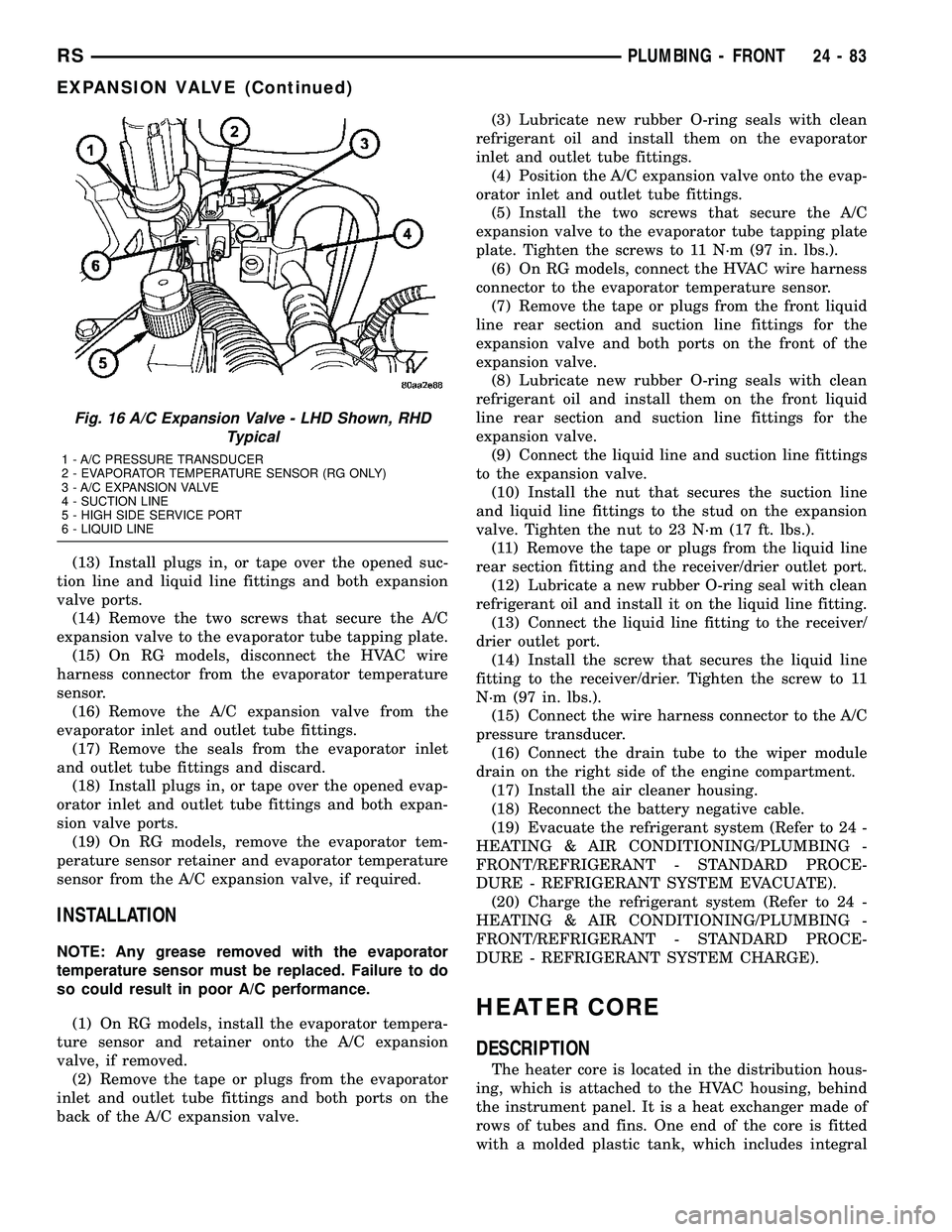 CHRYSLER VOYAGER 2005 Service Manual (13) Install plugs in, or tape over the opened suc-
tion line and liquid line fittings and both expansion
valve ports.
(14) Remove the two screws that secure the A/C
expansion valve to the evaporator CHRYSLER VOYAGER 2005 Service Manual (13) Install plugs in, or tape over the opened suc-
tion line and liquid line fittings and both expansion
valve ports.
(14) Remove the two screws that secure the A/C
expansion valve to the evaporator