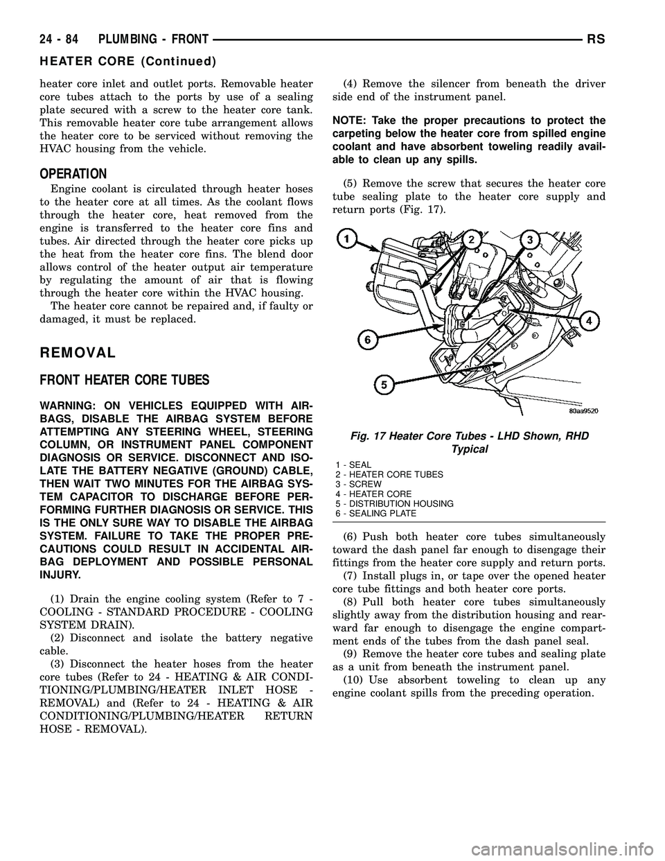 CHRYSLER VOYAGER 2005 Service Manual heater core inlet and outlet ports. Removable heater
core tubes attach to the ports by use of a sealing
plate secured with a screw to the heater core tank.
This removable heater core tube arrangement CHRYSLER VOYAGER 2005 Service Manual heater core inlet and outlet ports. Removable heater
core tubes attach to the ports by use of a sealing
plate secured with a screw to the heater core tank.
This removable heater core tube arrangement