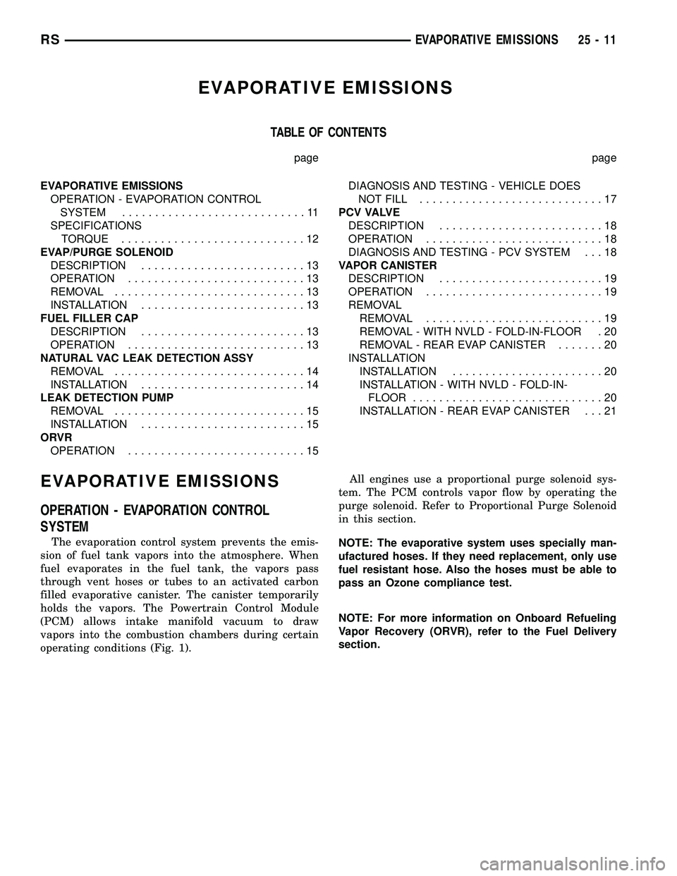CHRYSLER VOYAGER 2005 Service Manual EVAPORATIVE EMISSIONS
TABLE OF CONTENTS
page page
EVAPORATIVE EMISSIONS
OPERATION - EVAPORATION CONTROL
SYSTEM............................11
SPECIFICATIONS
TORQUE............................12
EVAP/PU CHRYSLER VOYAGER 2005 Service Manual EVAPORATIVE EMISSIONS
TABLE OF CONTENTS
page page
EVAPORATIVE EMISSIONS
OPERATION - EVAPORATION CONTROL
SYSTEM............................11
SPECIFICATIONS
TORQUE............................12
EVAP/PU