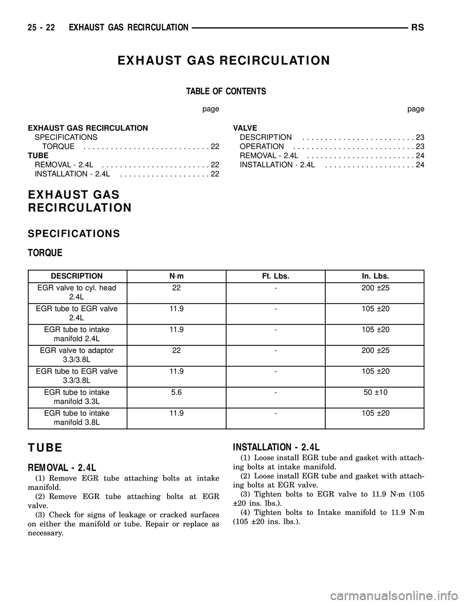 CHRYSLER VOYAGER 2005 Service Manual EXHAUST GAS RECIRCULATION
TABLE OF CONTENTS
page page
EXHAUST GAS RECIRCULATION
SPECIFICATIONS
TORQUE............................22
TUBE
REMOVAL - 2.4L........................22
INSTALLATION - 2.4L... CHRYSLER VOYAGER 2005 Service Manual EXHAUST GAS RECIRCULATION
TABLE OF CONTENTS
page page
EXHAUST GAS RECIRCULATION
SPECIFICATIONS
TORQUE............................22
TUBE
REMOVAL - 2.4L........................22
INSTALLATION - 2.4L...