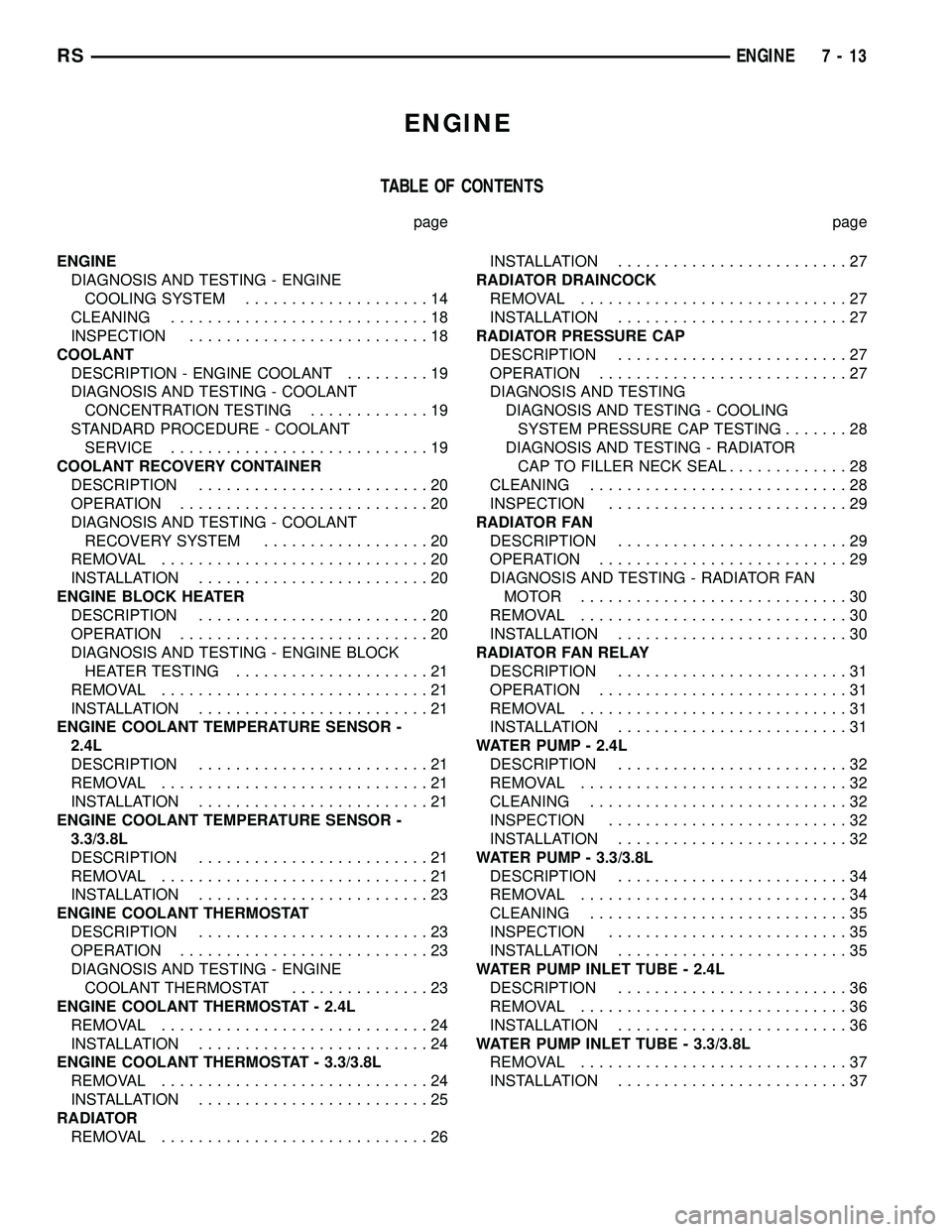 CHRYSLER VOYAGER 2005  Service Manual ENGINE
TABLE OF CONTENTS
page page
ENGINE
DIAGNOSIS AND TESTING - ENGINE
COOLING SYSTEM....................14
CLEANING............................18
INSPECTION..........................18
COOLANT
DESC