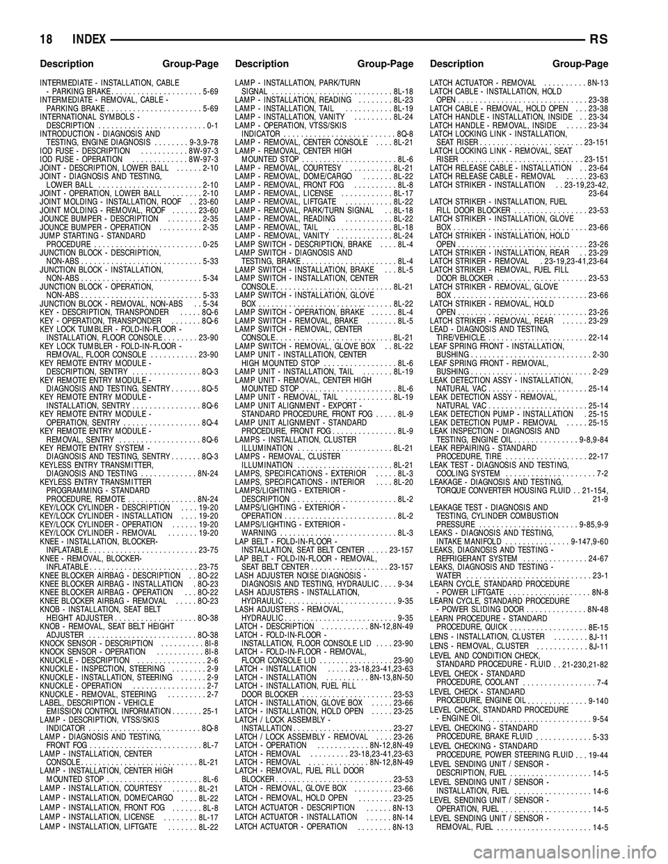 CHRYSLER VOYAGER 2005  Service Manual INTERMEDIATE - INSTALLATION, CABLE- PARKING BRAKE ..................... 5-69
INTERMEDIATE - REMOVAL, CABLE - PARKING BRAKE ...................... 5-69
INTERNATIONAL SYMBOLS - DESCRIPTION .............