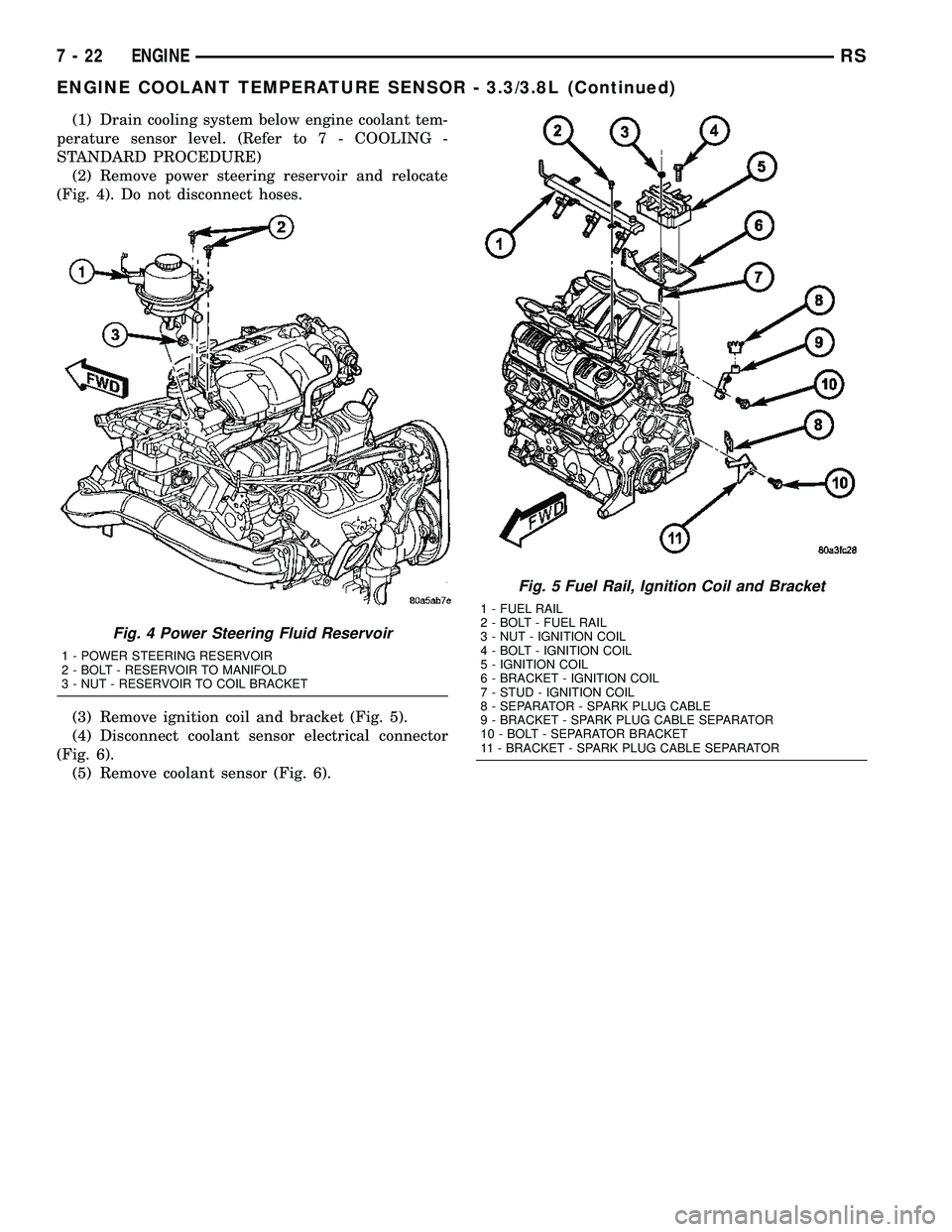 CHRYSLER VOYAGER 2005 Repair Manual (1) Drain cooling system below engine coolant tem-
perature sensor level. (Refer to 7 - COOLING -
STANDARD PROCEDURE)
(2) Remove power steering reservoir and relocate
(Fig. 4). Do not disconnect hoses CHRYSLER VOYAGER 2005 Repair Manual (1) Drain cooling system below engine coolant tem-
perature sensor level. (Refer to 7 - COOLING -
STANDARD PROCEDURE)
(2) Remove power steering reservoir and relocate
(Fig. 4). Do not disconnect hoses