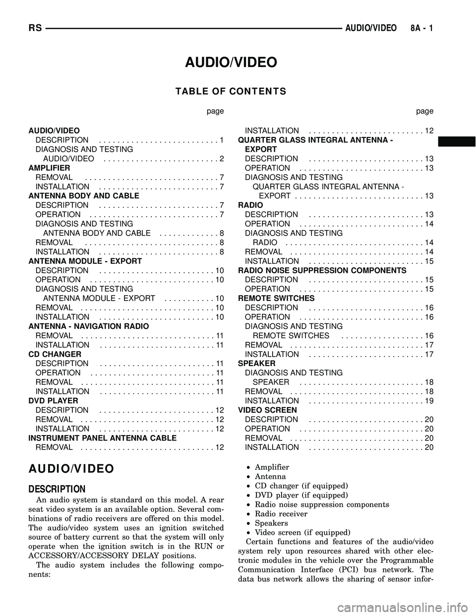 CHRYSLER VOYAGER 2005 Service Manual AUDIO/VIDEO
TABLE OF CONTENTS
page page
AUDIO/VIDEO
DESCRIPTION..........................1
DIAGNOSIS AND TESTING
AUDIO/VIDEO.........................2
AMPLIFIER
REMOVAL.............................7
I CHRYSLER VOYAGER 2005 Service Manual AUDIO/VIDEO
TABLE OF CONTENTS
page page
AUDIO/VIDEO
DESCRIPTION..........................1
DIAGNOSIS AND TESTING
AUDIO/VIDEO.........................2
AMPLIFIER
REMOVAL.............................7
I