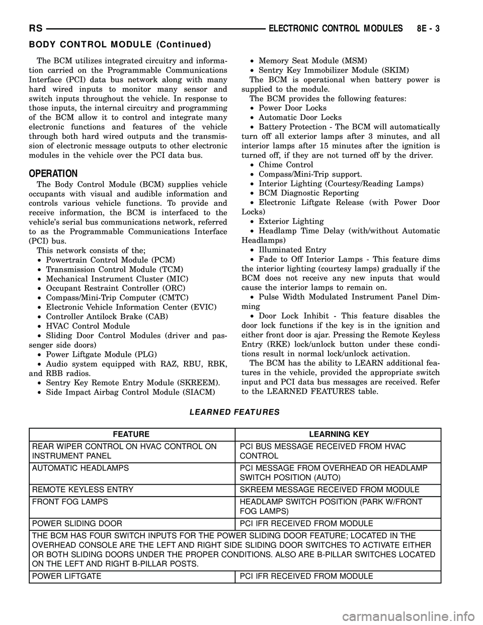 CHRYSLER VOYAGER 2005  Service Manual The BCM utilizes integrated circuitry and informa-
tion carried on the Programmable Communications
Interface (PCI) data bus network along with many
hard wired inputs to monitor many sensor and
switch 