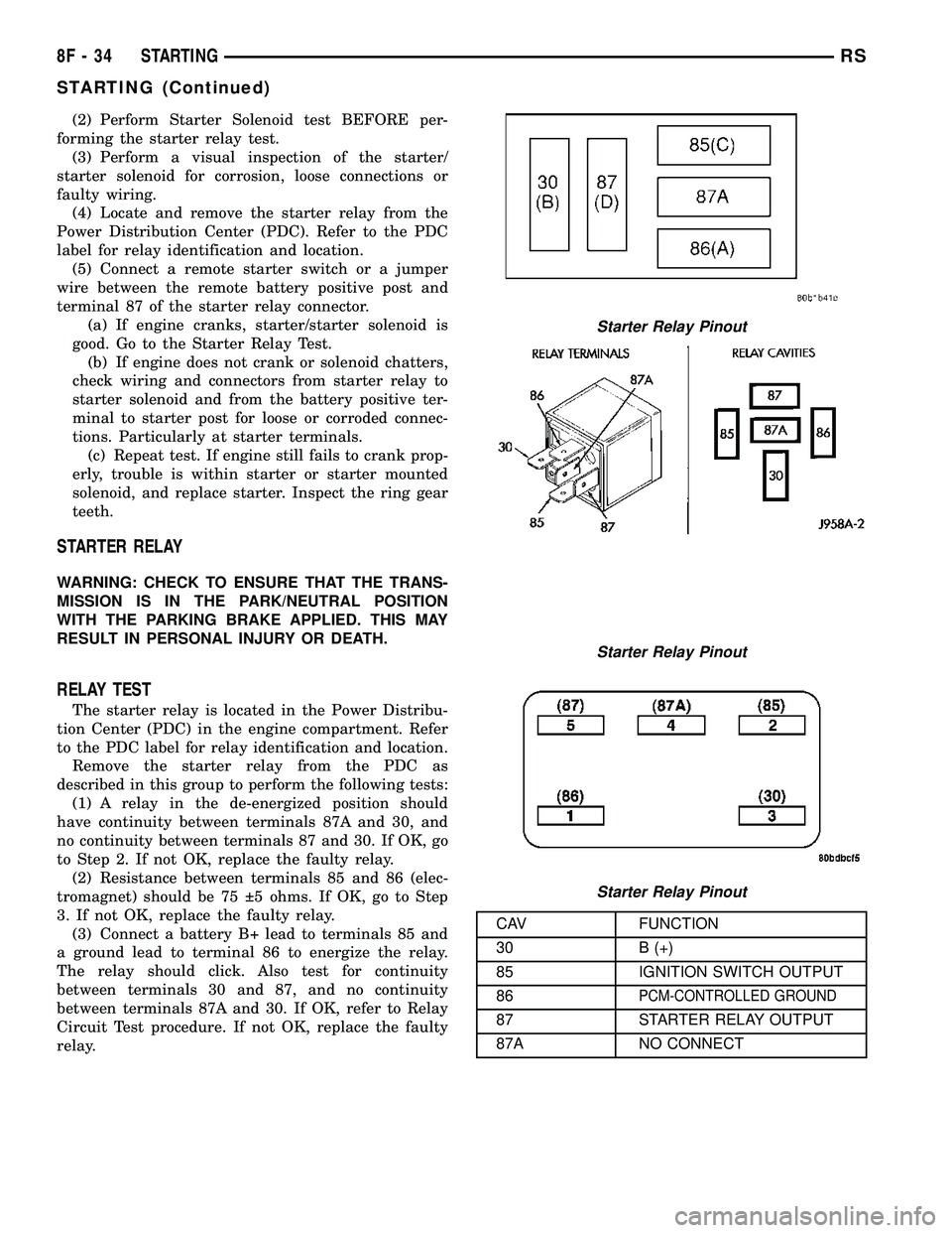 CHRYSLER VOYAGER 2005  Service Manual (2) Perform Starter Solenoid test BEFORE per-
forming the starter relay test.
(3) Perform a visual inspection of the starter/
starter solenoid for corrosion, loose connections or
faulty wiring.
(4) Lo