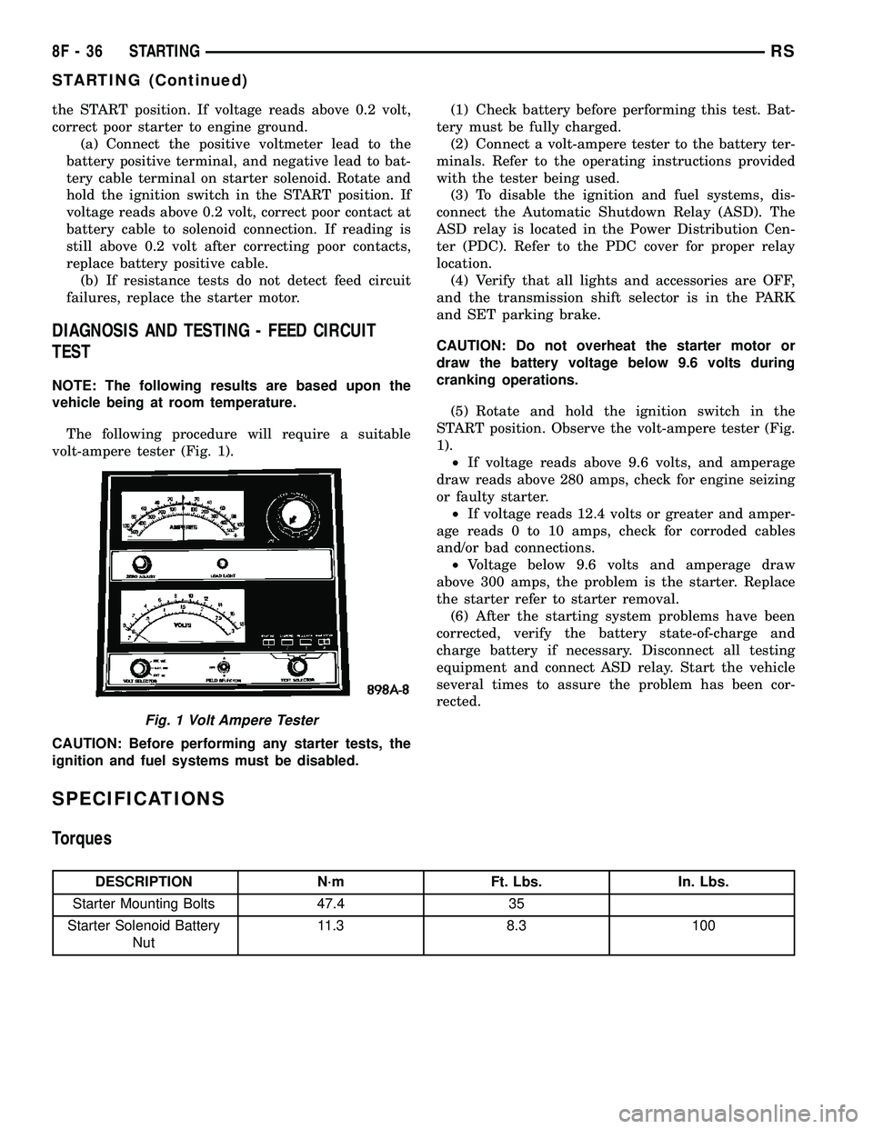 CHRYSLER VOYAGER 2005 Workshop Manual the START position. If voltage reads above 0.2 volt,
correct poor starter to engine ground.
(a) Connect the positive voltmeter lead to the
battery positive terminal, and negative lead to bat-
tery cab