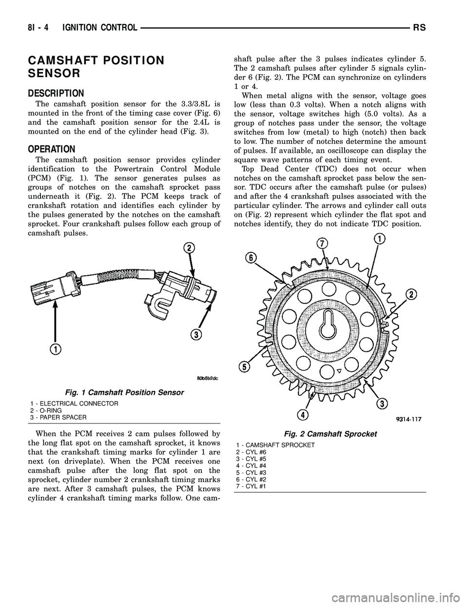 CHRYSLER VOYAGER 2005 User Guide CAMSHAFT POSITION
SENSOR
DESCRIPTION
The camshaft position sensor for the 3.3/3.8L is
mounted in the front of the timing case cover (Fig. 6)
and the camshaft position sensor for the 2.4L is
mounted on CHRYSLER VOYAGER 2005 User Guide CAMSHAFT POSITION
SENSOR
DESCRIPTION
The camshaft position sensor for the 3.3/3.8L is
mounted in the front of the timing case cover (Fig. 6)
and the camshaft position sensor for the 2.4L is
mounted on