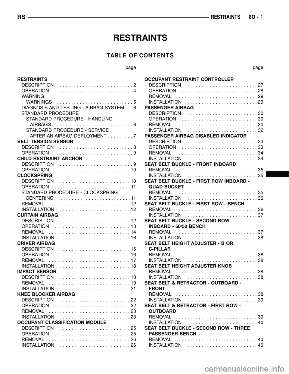 CHRYSLER VOYAGER 2005  Service Manual RESTRAINTS
TABLE OF CONTENTS
page page
RESTRAINTS
DESCRIPTION..........................2
OPERATION............................4
WARNING
WARNINGS...........................5
DIAGNOSIS AND TESTING - AIR