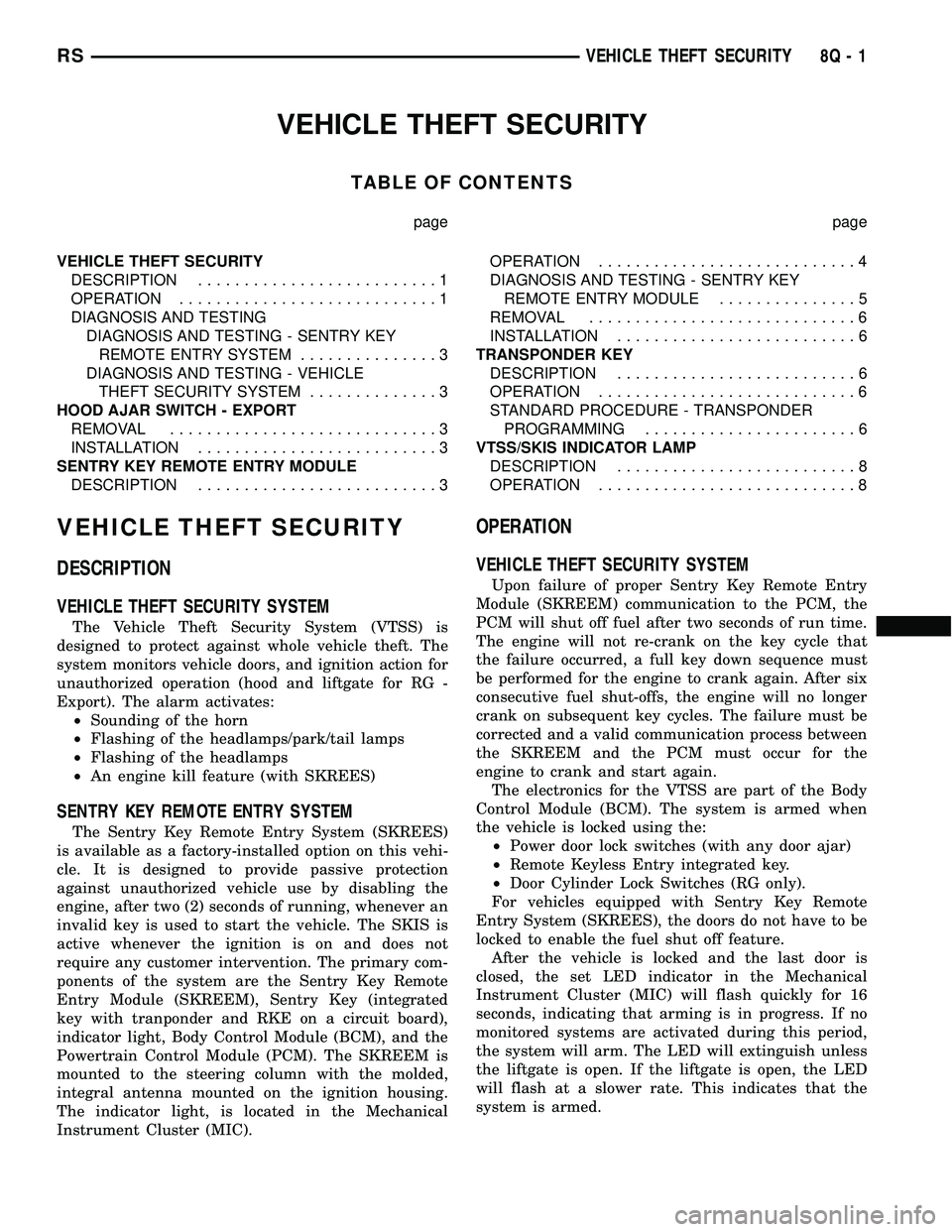 CHRYSLER VOYAGER 2005  Service Manual VEHICLE THEFT SECURITY
TABLE OF CONTENTS
page page
VEHICLE THEFT SECURITY
DESCRIPTION..........................1
OPERATION............................1
DIAGNOSIS AND TESTING
DIAGNOSIS AND TESTING - SE