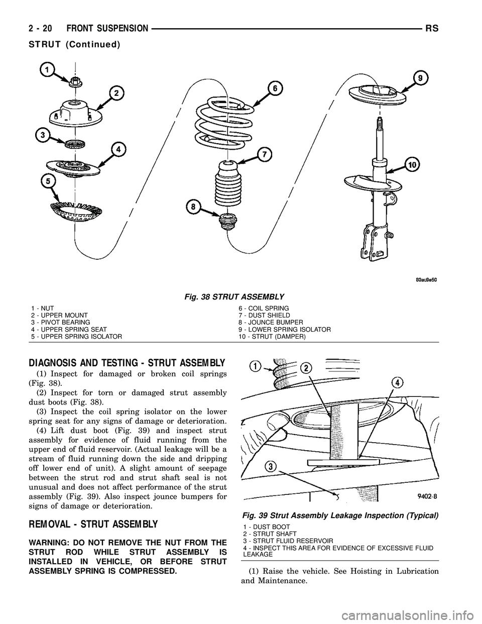 CHRYSLER VOYAGER 2005  Service Manual DIAGNOSIS AND TESTING - STRUT ASSEMBLY
(1) Inspect for damaged or broken coil springs
(Fig. 38).
(2) Inspect for torn or damaged strut assembly
dust boots (Fig. 38).
(3) Inspect the coil spring isolat