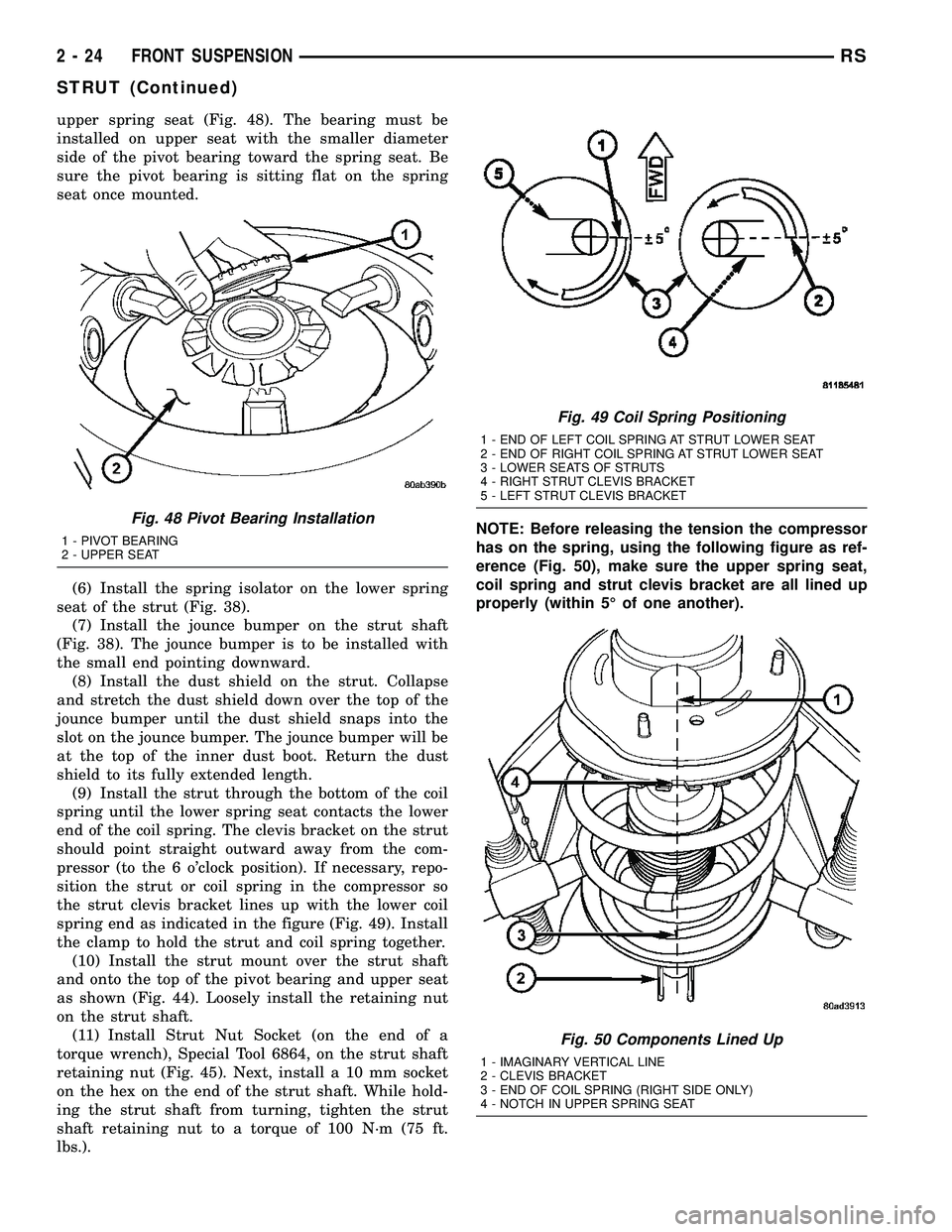 CHRYSLER VOYAGER 2005  Service Manual upper spring seat (Fig. 48). The bearing must be
installed on upper seat with the smaller diameter
side of the pivot bearing toward the spring seat. Be
sure the pivot bearing is sitting flat on the sp