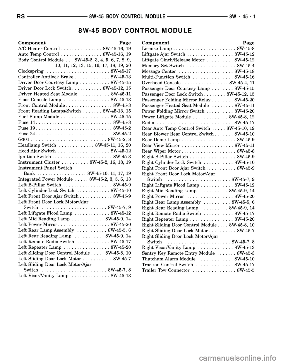 CHRYSLER VOYAGER 2005 Workshop Manual 8W-45 BODY CONTROL MODULE
Component Page
A/C-Heater Control............... 8W-45-16, 19
Auto Temp Control............... 8W-45-16, 19
Body Control Module . . . 8W-45-2, 3, 4, 5, 6, 7, 8, 9,
10, 11, 12 CHRYSLER VOYAGER 2005 Workshop Manual 8W-45 BODY CONTROL MODULE
Component Page
A/C-Heater Control............... 8W-45-16, 19
Auto Temp Control............... 8W-45-16, 19
Body Control Module . . . 8W-45-2, 3, 4, 5, 6, 7, 8, 9,
10, 11, 12