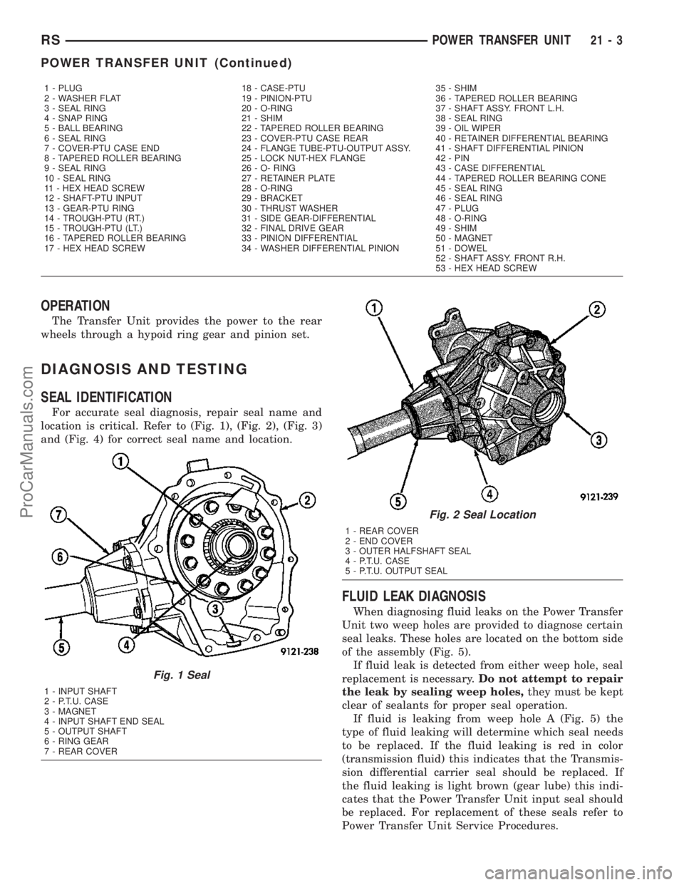 CHRYSLER VOYAGER 2003  Service Manual OPERATION
The Transfer Unit provides the power to the rear
wheels through a hypoid ring gear and pinion set.
DIAGNOSIS AND TESTING
SEAL IDENTIFICATION
For accurate seal diagnosis, repair seal name and