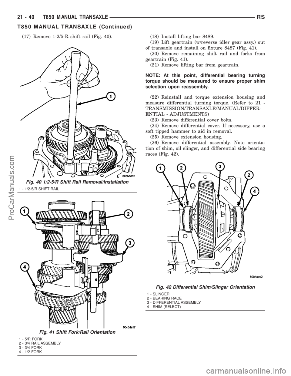 CHRYSLER VOYAGER 2003 Service Manual (17) Remove 1-2/5-R shift rail (Fig. 40). (18) Install lifting bar 8489.
(19) Lift geartrain (w/reverse idler gear assy.) out
of transaxle and install on fixture 8487 (Fig. 41).
(20) Remove remaining CHRYSLER VOYAGER 2003 Service Manual (17) Remove 1-2/5-R shift rail (Fig. 40). (18) Install lifting bar 8489.
(19) Lift geartrain (w/reverse idler gear assy.) out
of transaxle and install on fixture 8487 (Fig. 41).
(20) Remove remaining