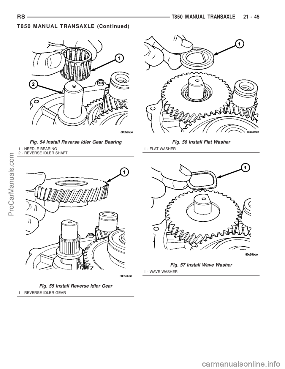 CHRYSLER VOYAGER 2003 Service Manual Fig. 54 Install Reverse Idler Gear Bearing
1 - NEEDLE BEARING
2 - REVERSE IDLER SHAFT
Fig. 55 Install Reverse Idler Gear
1 - REVERSE IDLER GEAR
Fig. 56 Install Flat Washer
1 - FLAT WASHER
Fig. 57 Inst CHRYSLER VOYAGER 2003 Service Manual Fig. 54 Install Reverse Idler Gear Bearing
1 - NEEDLE BEARING
2 - REVERSE IDLER SHAFT
Fig. 55 Install Reverse Idler Gear
1 - REVERSE IDLER GEAR
Fig. 56 Install Flat Washer
1 - FLAT WASHER
Fig. 57 Inst