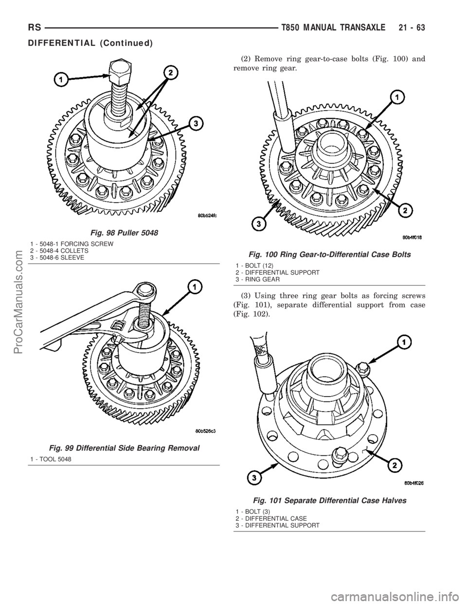 CHRYSLER VOYAGER 2003  Service Manual (2) Remove ring gear-to-case bolts (Fig. 100) and
remove ring gear.
(3) Using three ring gear bolts as forcing screws
(Fig. 101), separate differential support from case
(Fig. 102).
Fig. 98 Puller 504