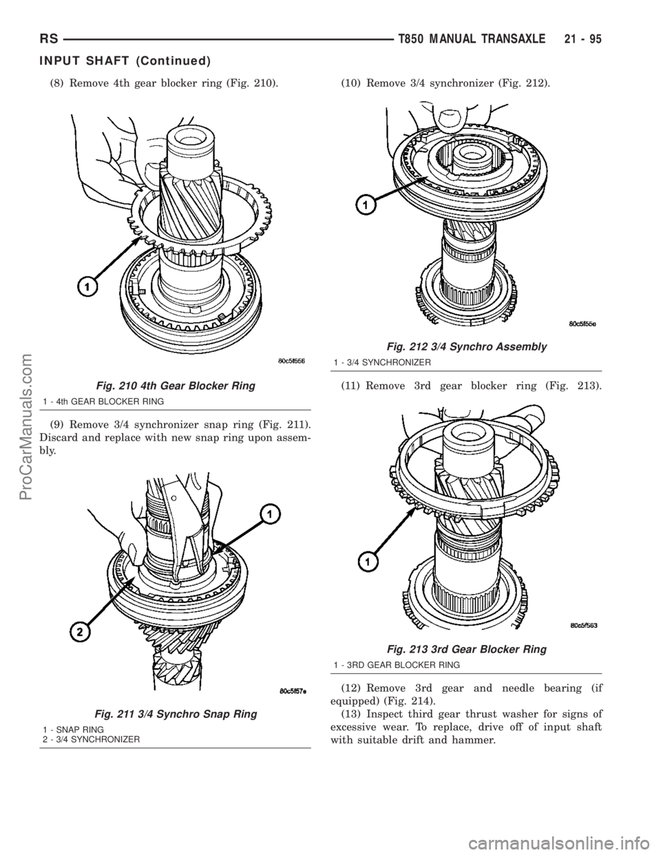 CHRYSLER VOYAGER 2003 Service Manual (8) Remove 4th gear blocker ring (Fig. 210).
(9) Remove 3/4 synchronizer snap ring (Fig. 211).
Discard and replace with new snap ring upon assem-
bly.(10) Remove 3/4 synchronizer (Fig. 212).
(11) Remo CHRYSLER VOYAGER 2003 Service Manual (8) Remove 4th gear blocker ring (Fig. 210).
(9) Remove 3/4 synchronizer snap ring (Fig. 211).
Discard and replace with new snap ring upon assem-
bly.(10) Remove 3/4 synchronizer (Fig. 212).
(11) Remo
