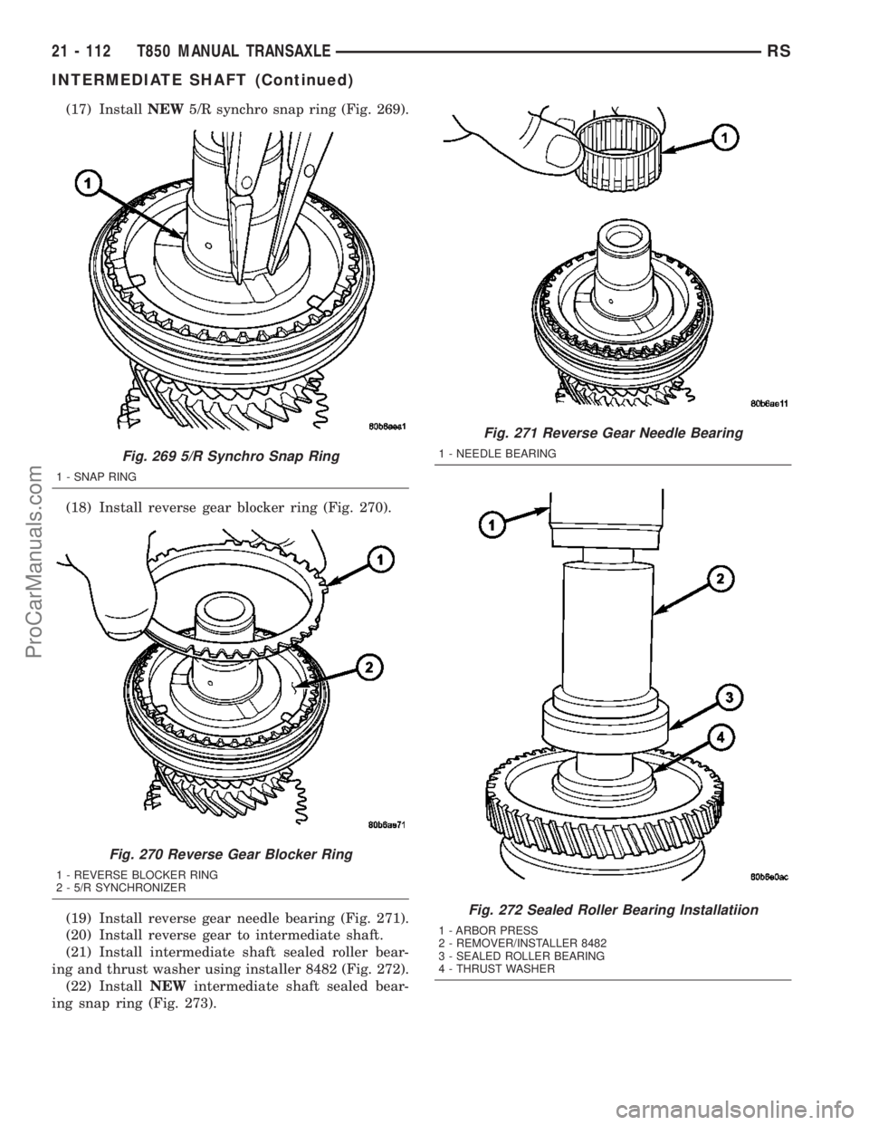 CHRYSLER VOYAGER 2003 Service Manual (17) InstallNEW5/R synchro snap ring (Fig. 269).
(18) Install reverse gear blocker ring (Fig. 270).
(19) Install reverse gear needle bearing (Fig. 271).
(20) Install reverse gear to intermediate shaft CHRYSLER VOYAGER 2003 Service Manual (17) InstallNEW5/R synchro snap ring (Fig. 269).
(18) Install reverse gear blocker ring (Fig. 270).
(19) Install reverse gear needle bearing (Fig. 271).
(20) Install reverse gear to intermediate shaft