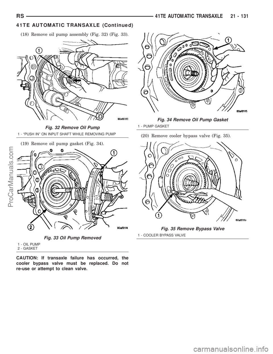 CHRYSLER VOYAGER 2003 Service Manual (18) Remove oil pump assembly (Fig. 32) (Fig. 33).
(19) Remove oil pump gasket (Fig. 34).
CAUTION: If transaxle failure has occurred, the
cooler bypass valve must be replaced. Do not
re-use or attempt CHRYSLER VOYAGER 2003 Service Manual (18) Remove oil pump assembly (Fig. 32) (Fig. 33).
(19) Remove oil pump gasket (Fig. 34).
CAUTION: If transaxle failure has occurred, the
cooler bypass valve must be replaced. Do not
re-use or attempt