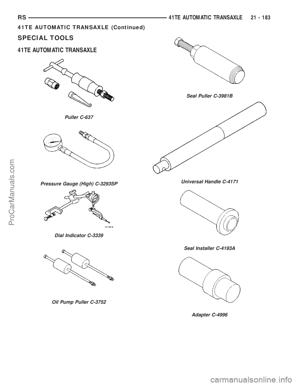 CHRYSLER VOYAGER 2003  Service Manual SPECIAL TOOLS
41TE AUTOMATIC TRANSAXLE
Puller C-637
Pressure Gauge (High) C-3293SP
Dial Indicator C-3339
Oil Pump Puller C-3752
Seal Puller C-3981B
Universal Handle C-4171
Seal Installer C-4193A
Adapt