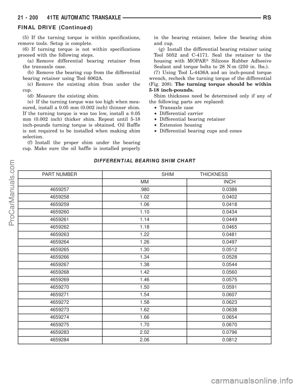 CHRYSLER VOYAGER 2003 Service Manual (5) If the turning torque is within specifications,
remove tools. Setup is complete.
(6) If turning torque is not within specifications
proceed with the following steps.
(a) Remove differential bearin CHRYSLER VOYAGER 2003 Service Manual (5) If the turning torque is within specifications,
remove tools. Setup is complete.
(6) If turning torque is not within specifications
proceed with the following steps.
(a) Remove differential bearin