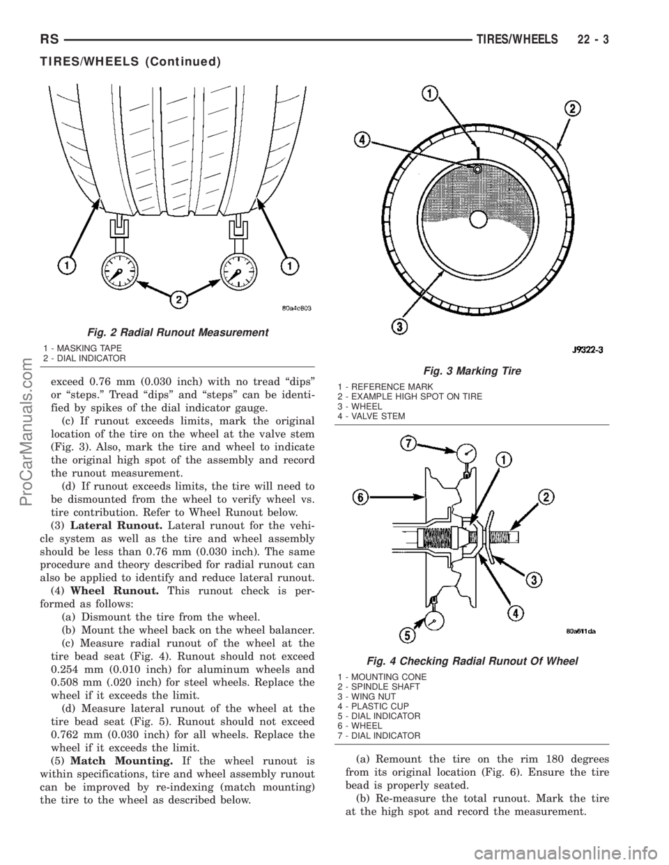 CHRYSLER VOYAGER 2003  Service Manual exceed 0.76 mm (0.030 inch) with no tread ªdipsº
or ªsteps.º Tread ªdipsº and ªstepsº can be identi-
fied by spikes of the dial indicator gauge.
(c) If runout exceeds limits, mark the original