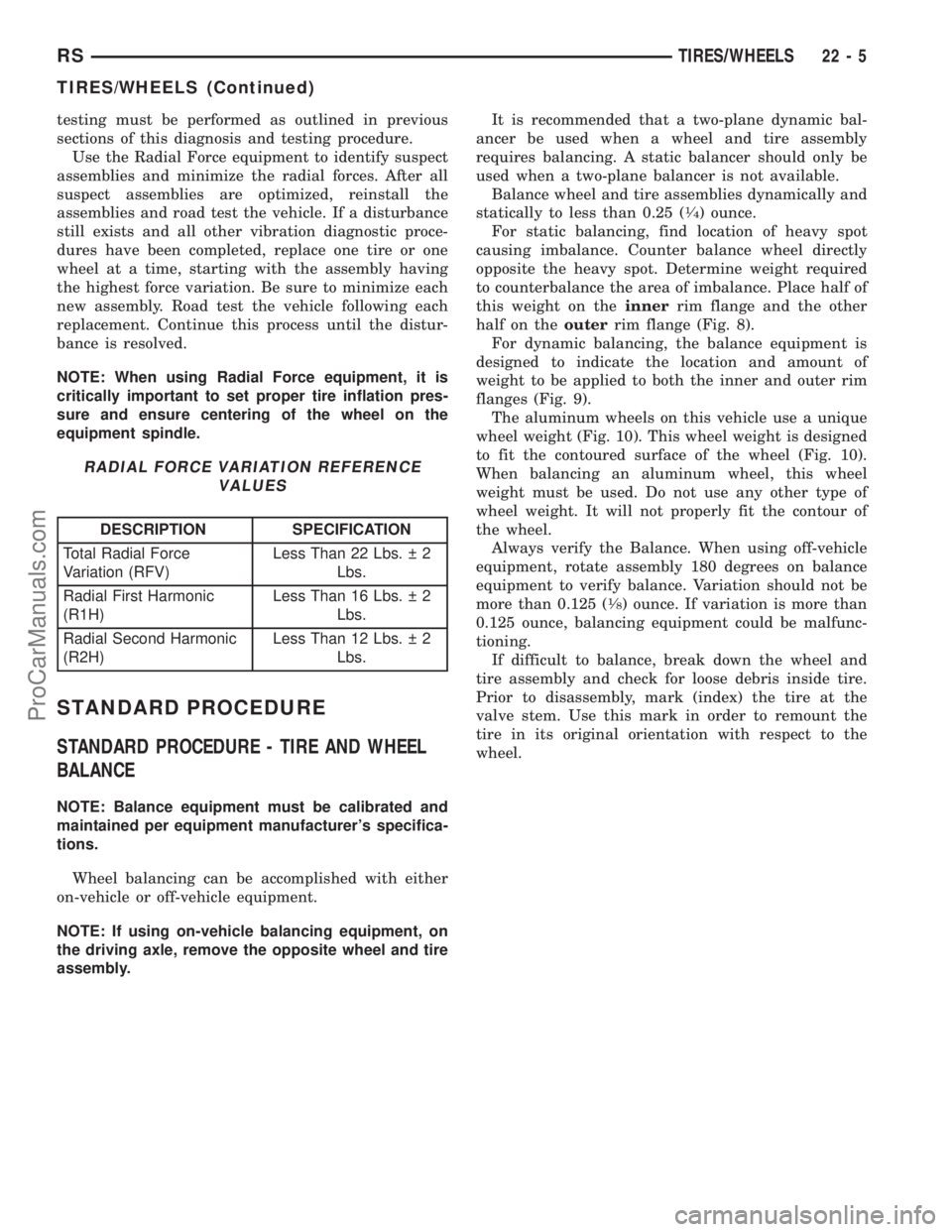 CHRYSLER VOYAGER 2003  Service Manual testing must be performed as outlined in previous
sections of this diagnosis and testing procedure.
Use the Radial Force equipment to identify suspect
assemblies and minimize the radial forces. After 
