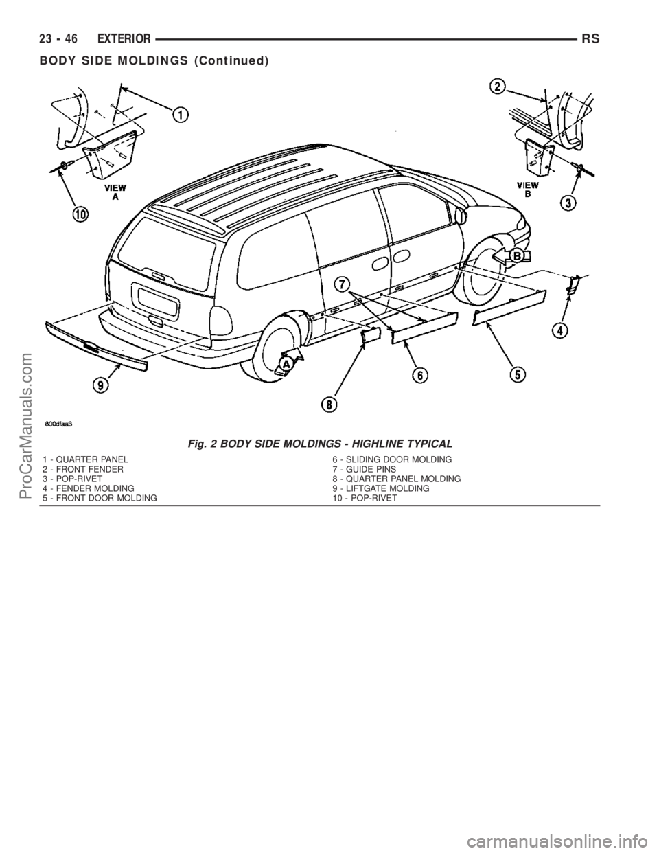 CHRYSLER VOYAGER 2003 Service Manual Fig. 2 BODY SIDE MOLDINGS - HIGHLINE TYPICAL
1 - QUARTER PANEL
2 - FRONT FENDER
3 - POP-RIVET
4 - FENDER MOLDING
5 - FRONT DOOR MOLDING6 - SLIDING DOOR MOLDING
7 - GUIDE PINS
8 - QUARTER PANEL MOLDING CHRYSLER VOYAGER 2003 Service Manual Fig. 2 BODY SIDE MOLDINGS - HIGHLINE TYPICAL
1 - QUARTER PANEL
2 - FRONT FENDER
3 - POP-RIVET
4 - FENDER MOLDING
5 - FRONT DOOR MOLDING6 - SLIDING DOOR MOLDING
7 - GUIDE PINS
8 - QUARTER PANEL MOLDING