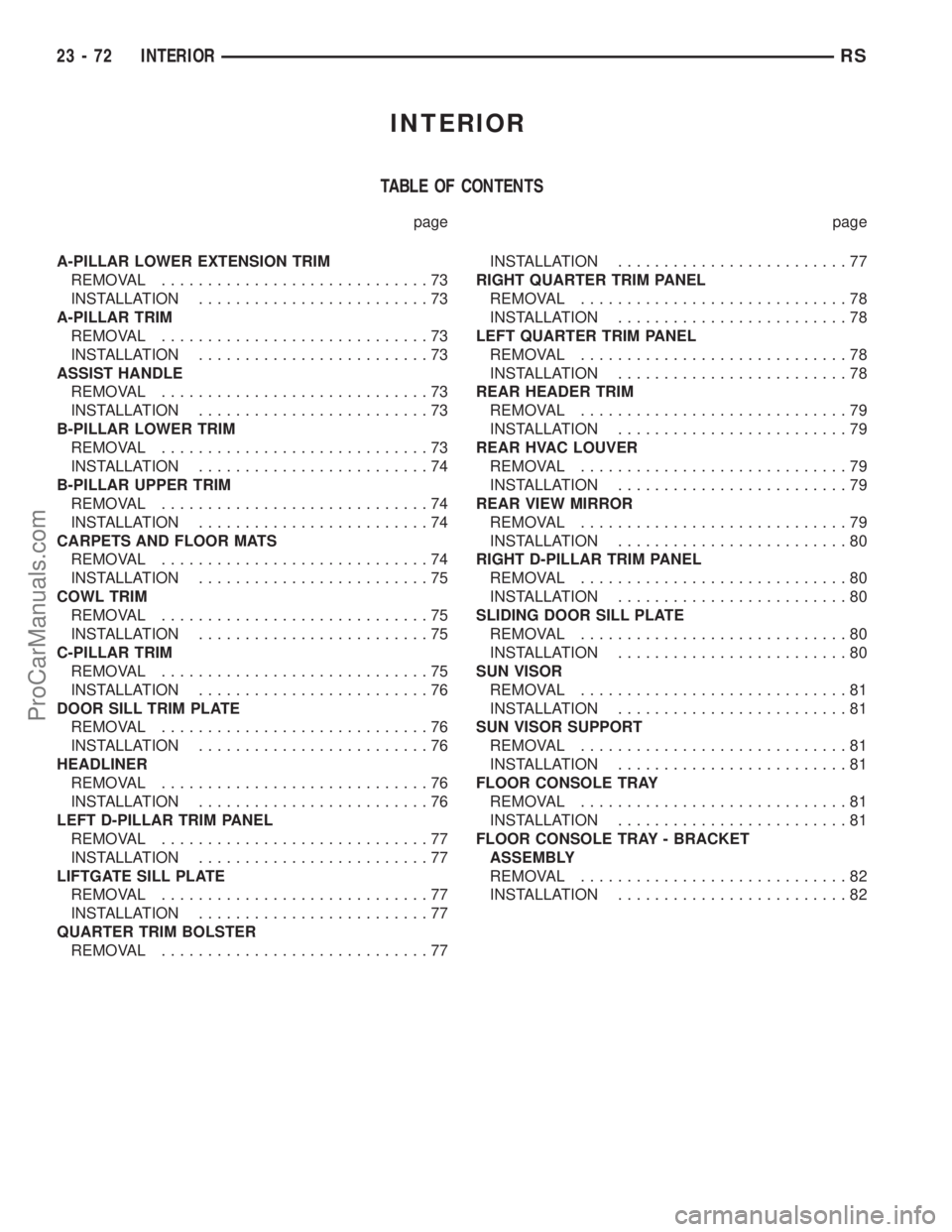 CHRYSLER VOYAGER 2003 Repair Manual INTERIOR
TABLE OF CONTENTS
page page
A-PILLAR LOWER EXTENSION TRIM
REMOVAL.............................73
INSTALLATION.........................73
A-PILLAR TRIM
REMOVAL.............................73
I CHRYSLER VOYAGER 2003 Repair Manual INTERIOR
TABLE OF CONTENTS
page page
A-PILLAR LOWER EXTENSION TRIM
REMOVAL.............................73
INSTALLATION.........................73
A-PILLAR TRIM
REMOVAL.............................73
I
