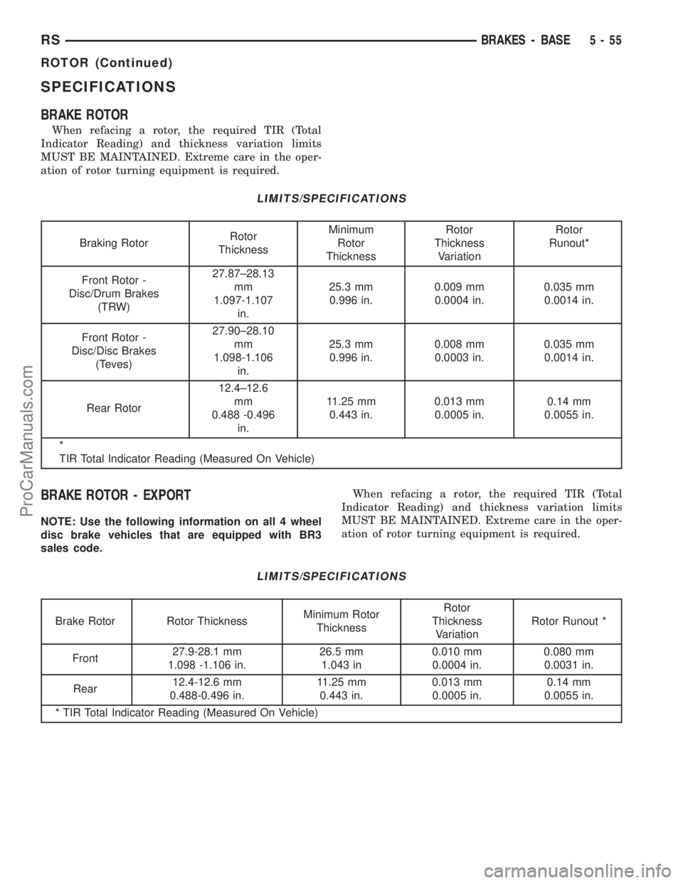 CHRYSLER VOYAGER 2003 Service Manual SPECIFICATIONS
BRAKE ROTOR
When refacing a rotor, the required TIR (Total
Indicator Reading) and thickness variation limits
MUST BE MAINTAINED. Extreme care in the oper-
ation of rotor turning equipme CHRYSLER VOYAGER 2003 Service Manual SPECIFICATIONS
BRAKE ROTOR
When refacing a rotor, the required TIR (Total
Indicator Reading) and thickness variation limits
MUST BE MAINTAINED. Extreme care in the oper-
ation of rotor turning equipme