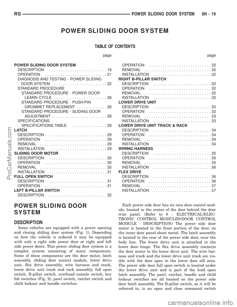 CHRYSLER VOYAGER 2003 User Guide POWER SLIDING DOOR SYSTEM
TABLE OF CONTENTS
page page
POWER SLIDING DOOR SYSTEM
DESCRIPTION.........................19
OPERATION...........................21
DIAGNOSIS AND TESTING - POWER SLIDING
DOOR CHRYSLER VOYAGER 2003 User Guide POWER SLIDING DOOR SYSTEM
TABLE OF CONTENTS
page page
POWER SLIDING DOOR SYSTEM
DESCRIPTION.........................19
OPERATION...........................21
DIAGNOSIS AND TESTING - POWER SLIDING
DOOR