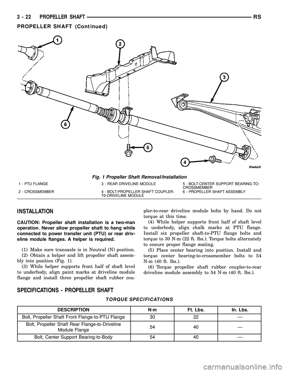 CHRYSLER VOYAGER 2004 Workshop Manual INSTALLATION
CAUTION: Propeller shaft installation is a two-man
operation. Never allow propeller shaft to hang while
connected to power transfer unit (PTU) or rear driv-
eline module flanges. A helper CHRYSLER VOYAGER 2004 Workshop Manual INSTALLATION
CAUTION: Propeller shaft installation is a two-man
operation. Never allow propeller shaft to hang while
connected to power transfer unit (PTU) or rear driv-
eline module flanges. A helper