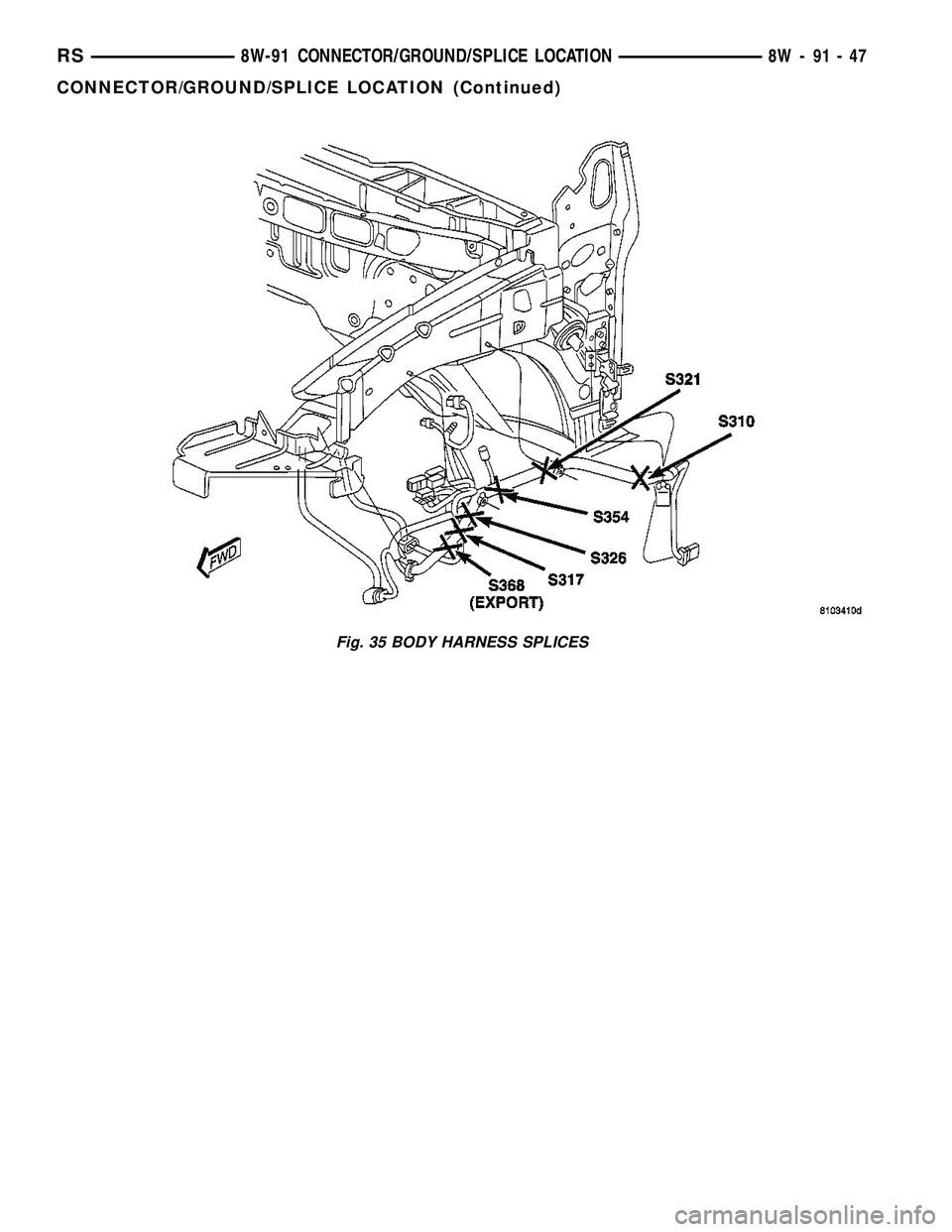 CHRYSLER VOYAGER 2004 Service Manual Fig. 35 BODY HARNESS SPLICES
RS8W-91 CONNECTOR/GROUND/SPLICE LOCATION8W-91-47
CONNECTOR/GROUND/SPLICE LOCATION (Continued) CHRYSLER VOYAGER 2004 Service Manual Fig. 35 BODY HARNESS SPLICES
RS8W-91 CONNECTOR/GROUND/SPLICE LOCATION8W-91-47
CONNECTOR/GROUND/SPLICE LOCATION (Continued)