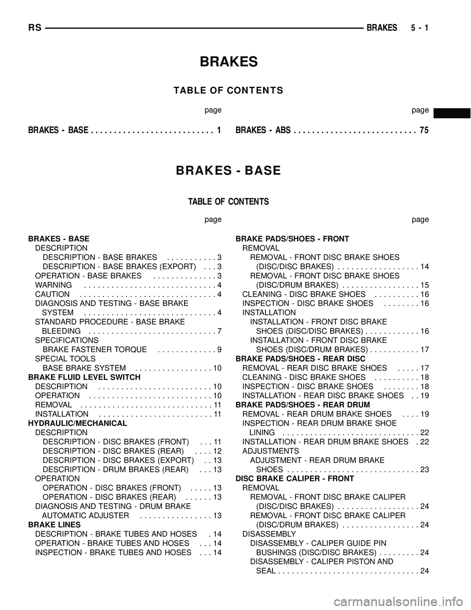 CHRYSLER VOYAGER 2004 Workshop Manual BRAKES
TABLE OF CONTENTS
page page
BRAKES - BASE........................... 1BRAKES - ABS........................... 75
BRAKES - BASE
TABLE OF CONTENTS
page page
BRAKES - BASE
DESCRIPTION
DESCRIPTION CHRYSLER VOYAGER 2004 Workshop Manual BRAKES
TABLE OF CONTENTS
page page
BRAKES - BASE........................... 1BRAKES - ABS........................... 75
BRAKES - BASE
TABLE OF CONTENTS
page page
BRAKES - BASE
DESCRIPTION
DESCRIPTION