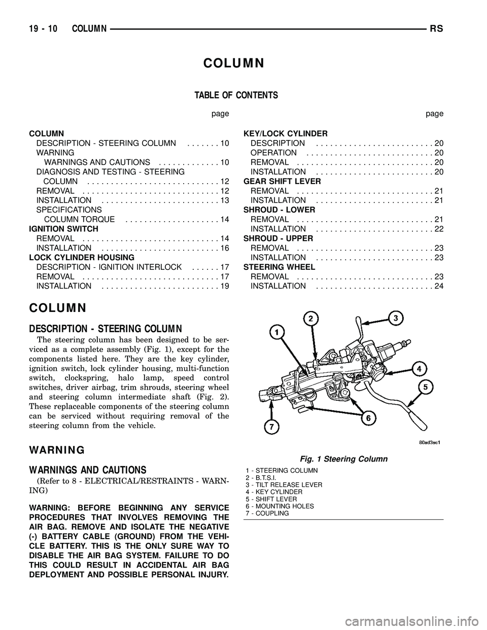 CHRYSLER VOYAGER 2004 Service Manual COLUMN
TABLE OF CONTENTS
page page
COLUMN
DESCRIPTION - STEERING COLUMN.......10
WARNING
WARNINGS AND CAUTIONS.............10
DIAGNOSIS AND TESTING - STEERING
COLUMN............................12
REMO CHRYSLER VOYAGER 2004 Service Manual COLUMN
TABLE OF CONTENTS
page page
COLUMN
DESCRIPTION - STEERING COLUMN.......10
WARNING
WARNINGS AND CAUTIONS.............10
DIAGNOSIS AND TESTING - STEERING
COLUMN............................12
REMO