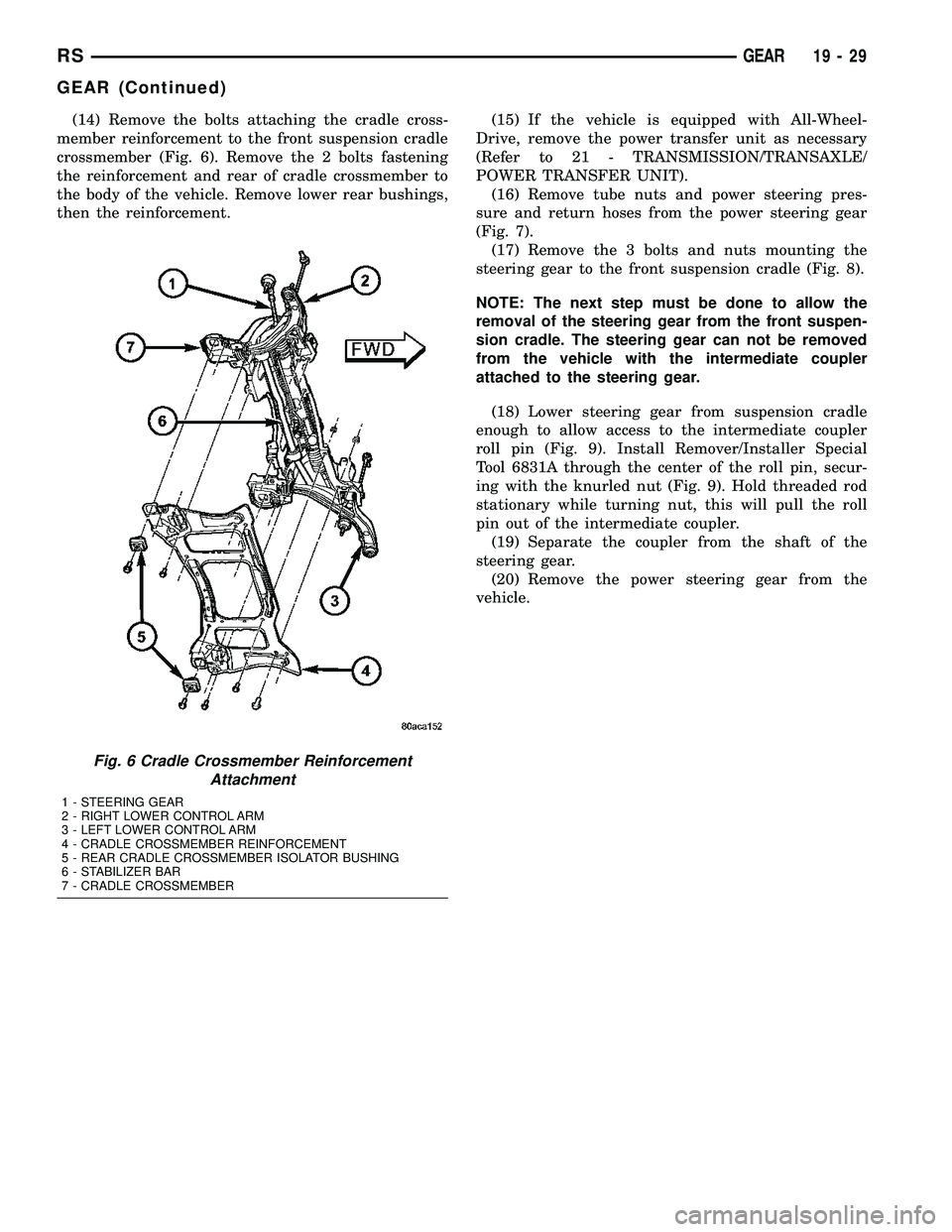 CHRYSLER VOYAGER 2004 Service Manual (14) Remove the bolts attaching the cradle cross-
member reinforcement to the front suspension cradle
crossmember (Fig. 6). Remove the 2 bolts fastening
the reinforcement and rear of cradle crossmembe CHRYSLER VOYAGER 2004 Service Manual (14) Remove the bolts attaching the cradle cross-
member reinforcement to the front suspension cradle
crossmember (Fig. 6). Remove the 2 bolts fastening
the reinforcement and rear of cradle crossmembe