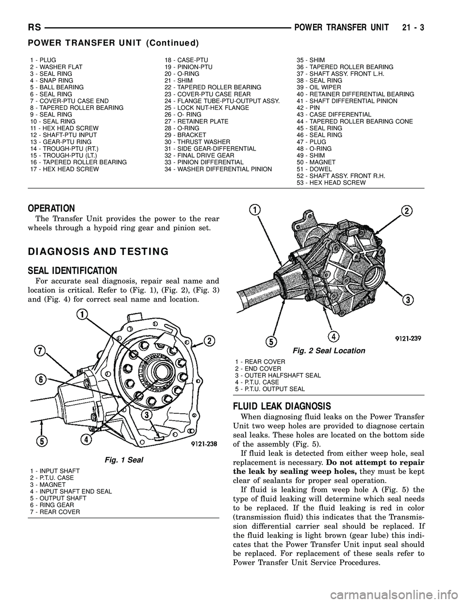 CHRYSLER VOYAGER 2004 Workshop Manual OPERATION
The Transfer Unit provides the power to the rear
wheels through a hypoid ring gear and pinion set.
DIAGNOSIS AND TESTING
SEAL IDENTIFICATION
For accurate seal diagnosis, repair seal name and CHRYSLER VOYAGER 2004 Workshop Manual OPERATION
The Transfer Unit provides the power to the rear
wheels through a hypoid ring gear and pinion set.
DIAGNOSIS AND TESTING
SEAL IDENTIFICATION
For accurate seal diagnosis, repair seal name and