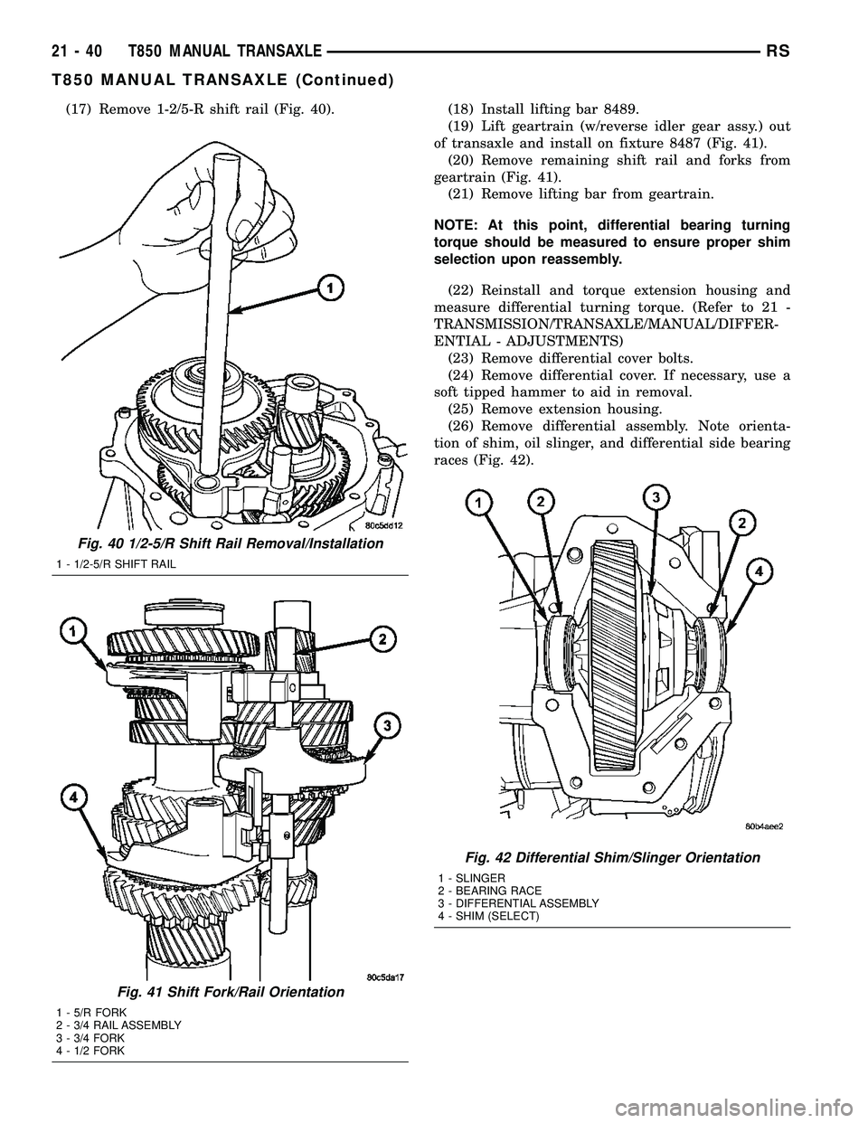 CHRYSLER VOYAGER 2004 Service Manual (17) Remove 1-2/5-R shift rail (Fig. 40). (18) Install lifting bar 8489.
(19) Lift geartrain (w/reverse idler gear assy.) out
of transaxle and install on fixture 8487 (Fig. 41).
(20) Remove remaining CHRYSLER VOYAGER 2004 Service Manual (17) Remove 1-2/5-R shift rail (Fig. 40). (18) Install lifting bar 8489.
(19) Lift geartrain (w/reverse idler gear assy.) out
of transaxle and install on fixture 8487 (Fig. 41).
(20) Remove remaining