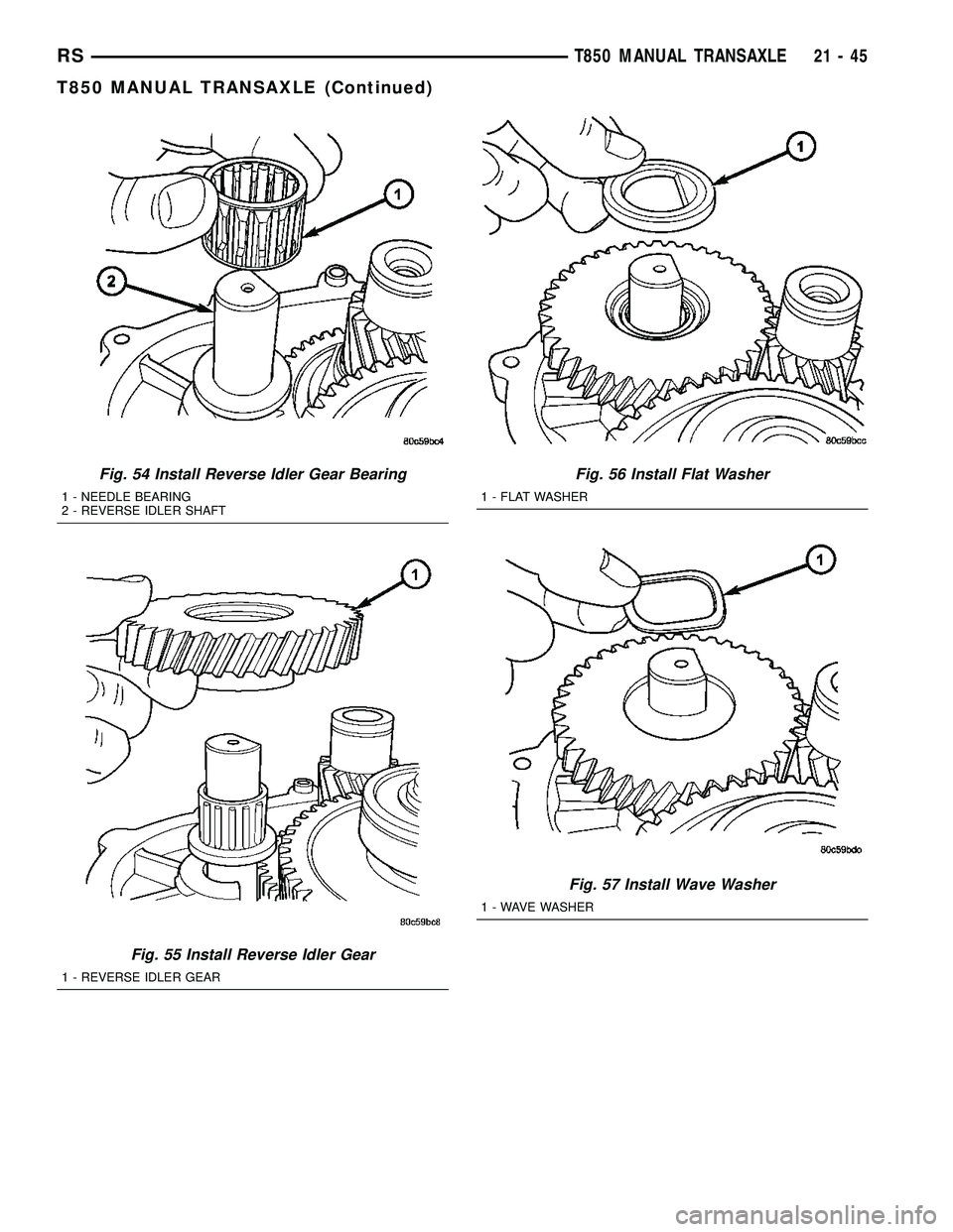CHRYSLER VOYAGER 2004  Service Manual Fig. 54 Install Reverse Idler Gear Bearing
1 - NEEDLE BEARING
2 - REVERSE IDLER SHAFT
Fig. 55 Install Reverse Idler Gear
1 - REVERSE IDLER GEAR
Fig. 56 Install Flat Washer
1 - FLAT WASHER
Fig. 57 Inst
