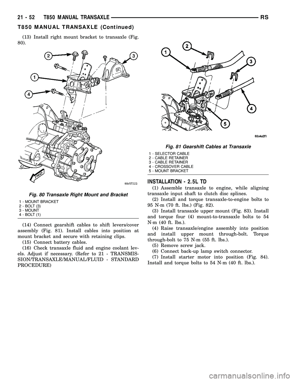 CHRYSLER VOYAGER 2004 Service Manual (13) Install right mount bracket to transaxle (Fig.
80).
(14) Connect gearshift cables to shift levers/cover
assembly (Fig. 81). Install cables into position at
mount bracket and secure with retaining CHRYSLER VOYAGER 2004 Service Manual (13) Install right mount bracket to transaxle (Fig.
80).
(14) Connect gearshift cables to shift levers/cover
assembly (Fig. 81). Install cables into position at
mount bracket and secure with retaining