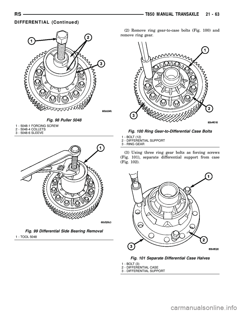 CHRYSLER VOYAGER 2004 Workshop Manual (2) Remove ring gear-to-case bolts (Fig. 100) and
remove ring gear.
(3) Using three ring gear bolts as forcing screws
(Fig. 101), separate differential support from case
(Fig. 102).
Fig. 98 Puller 504 CHRYSLER VOYAGER 2004 Workshop Manual (2) Remove ring gear-to-case bolts (Fig. 100) and
remove ring gear.
(3) Using three ring gear bolts as forcing screws
(Fig. 101), separate differential support from case
(Fig. 102).
Fig. 98 Puller 504